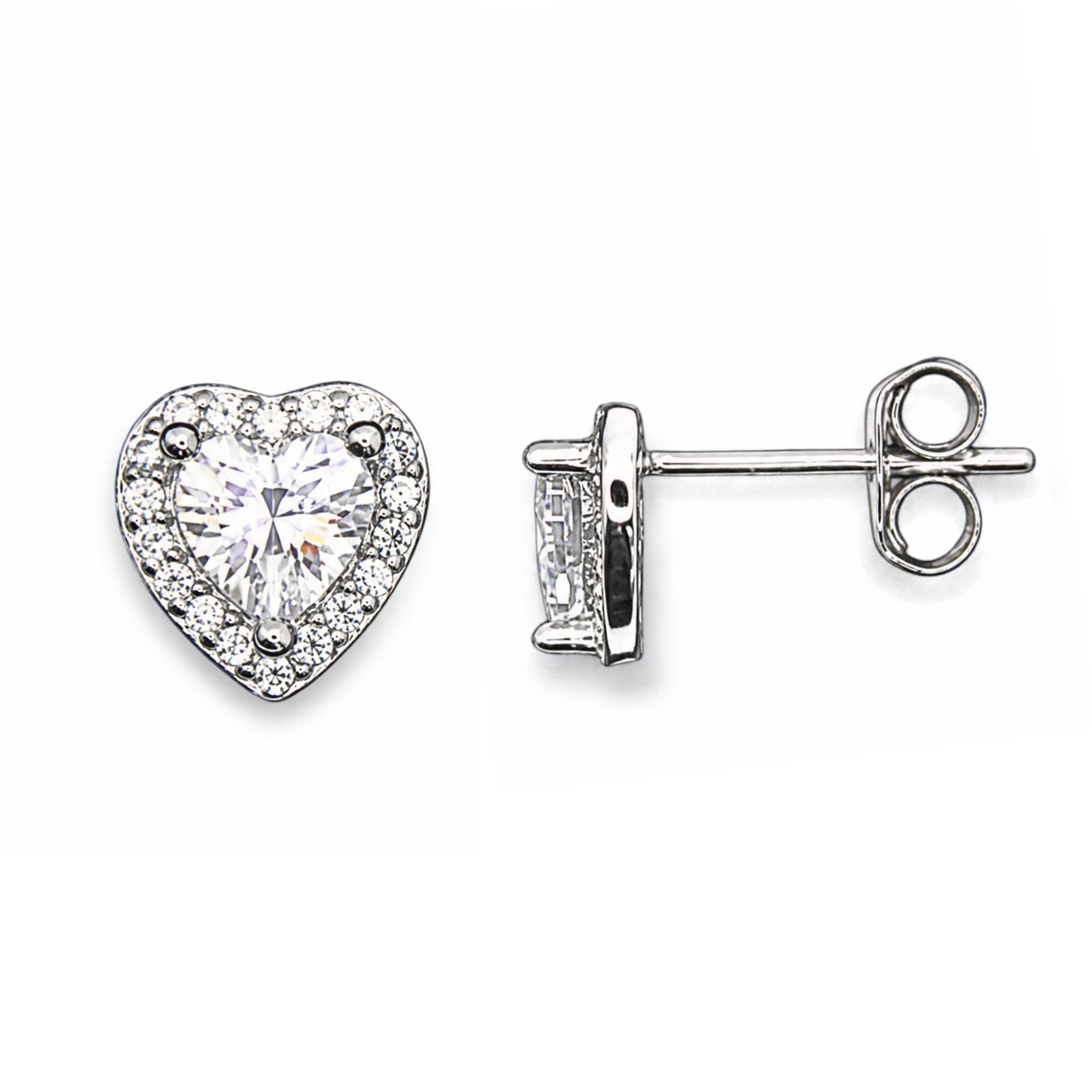 Sterling Silver Heart Halo Stud Earrings, CZ