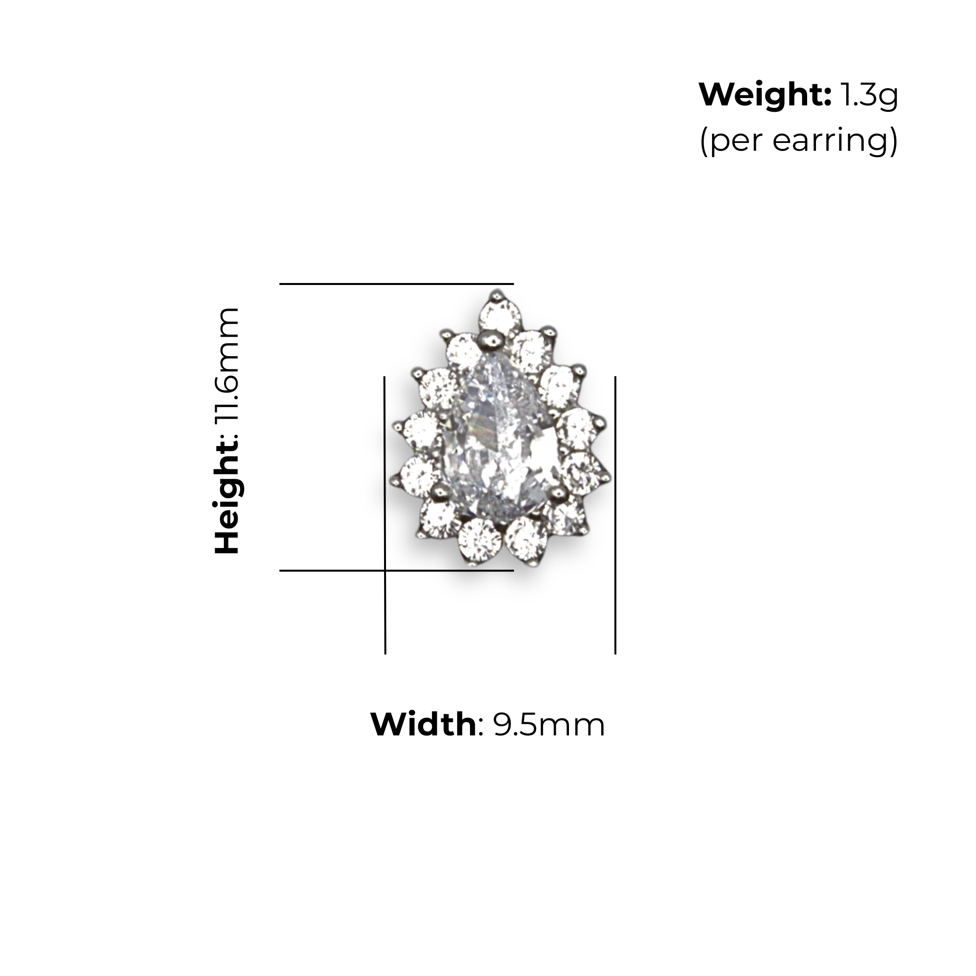 Sterling Silver Pear Halo Stud Earrings, Pave-Set CZ, product dimensions shown, width 9.5mm, height 11.6mm, weight 1.3g per earring.