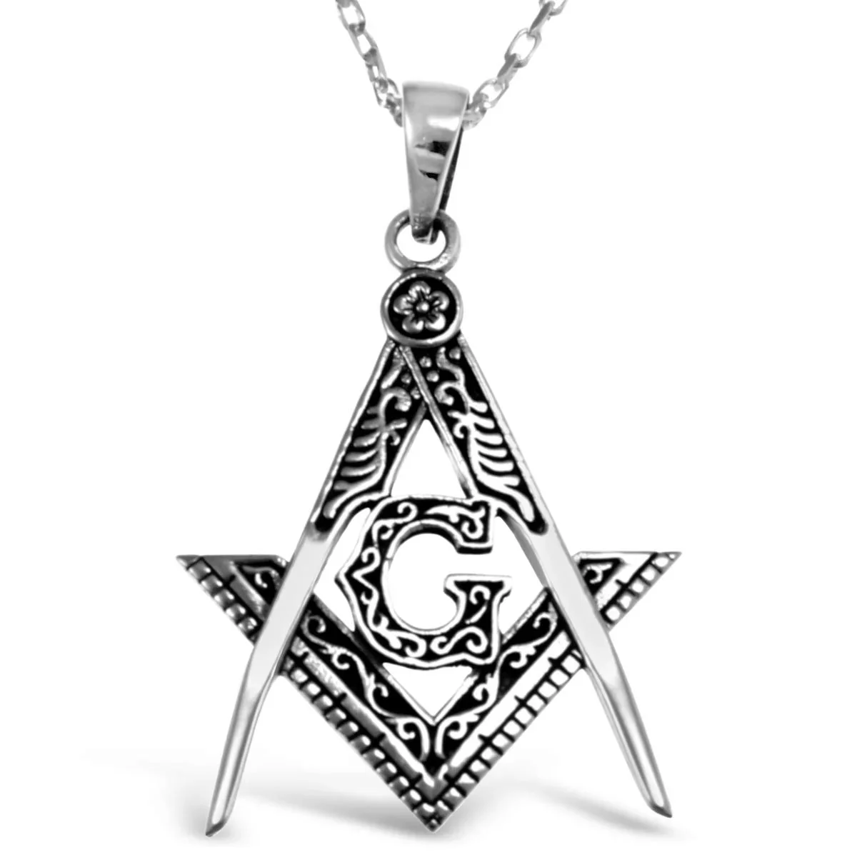 Sterling Silver Masonic pendant, square and compass with G, embossed scrollwork, rosette crown, deep oxidised finish, 32mm