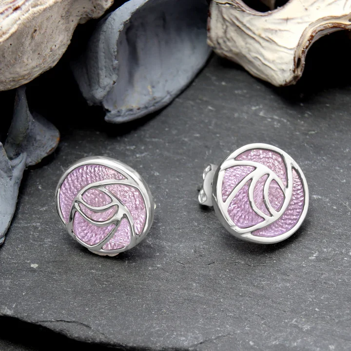 Sterling Silver Charles Rennie Mackintosh Pink Rose Enamel Circle Stud Earrings - 15mm (2).webp
