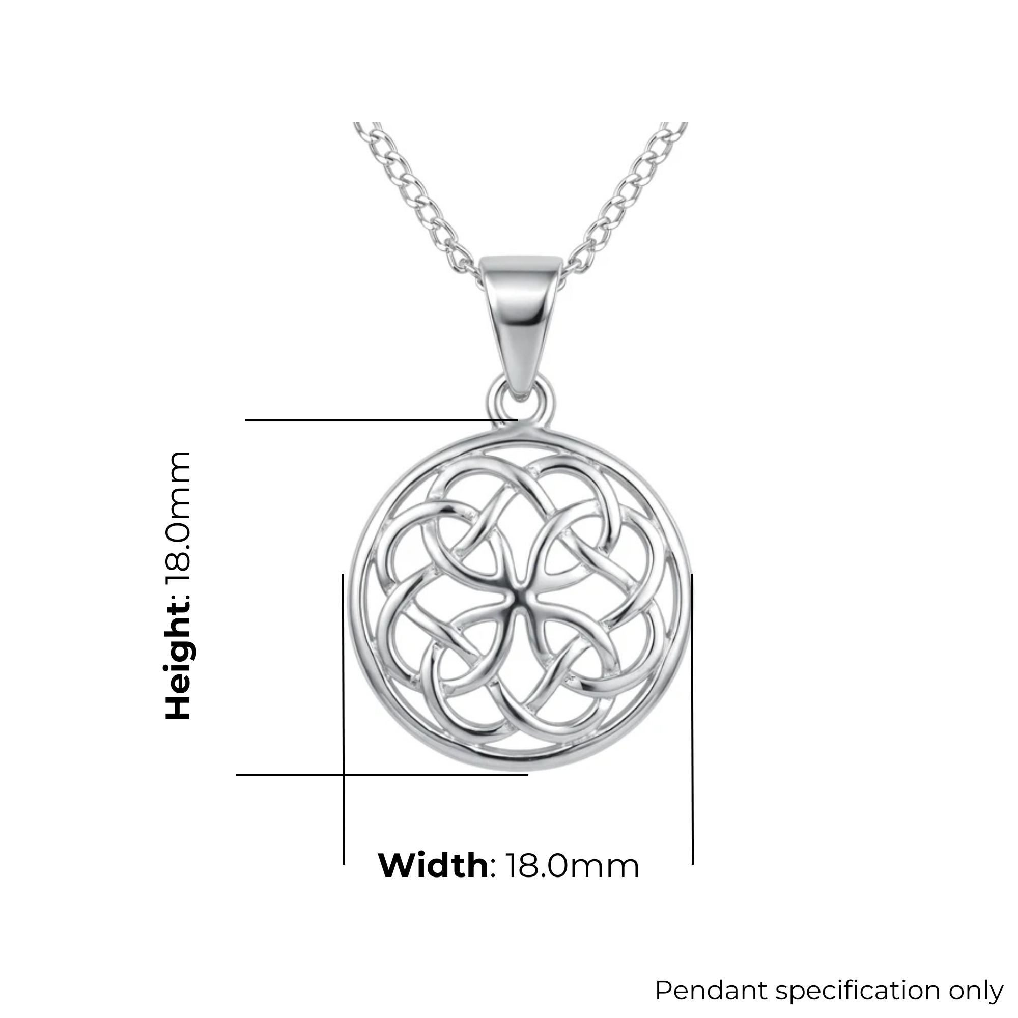 Sterling Silver Celtic Knotwork Round Pendant, open five-loop interlaced design, high mirror polish, product dimensions shown, width 18mm, height 18mm, pendant specification only