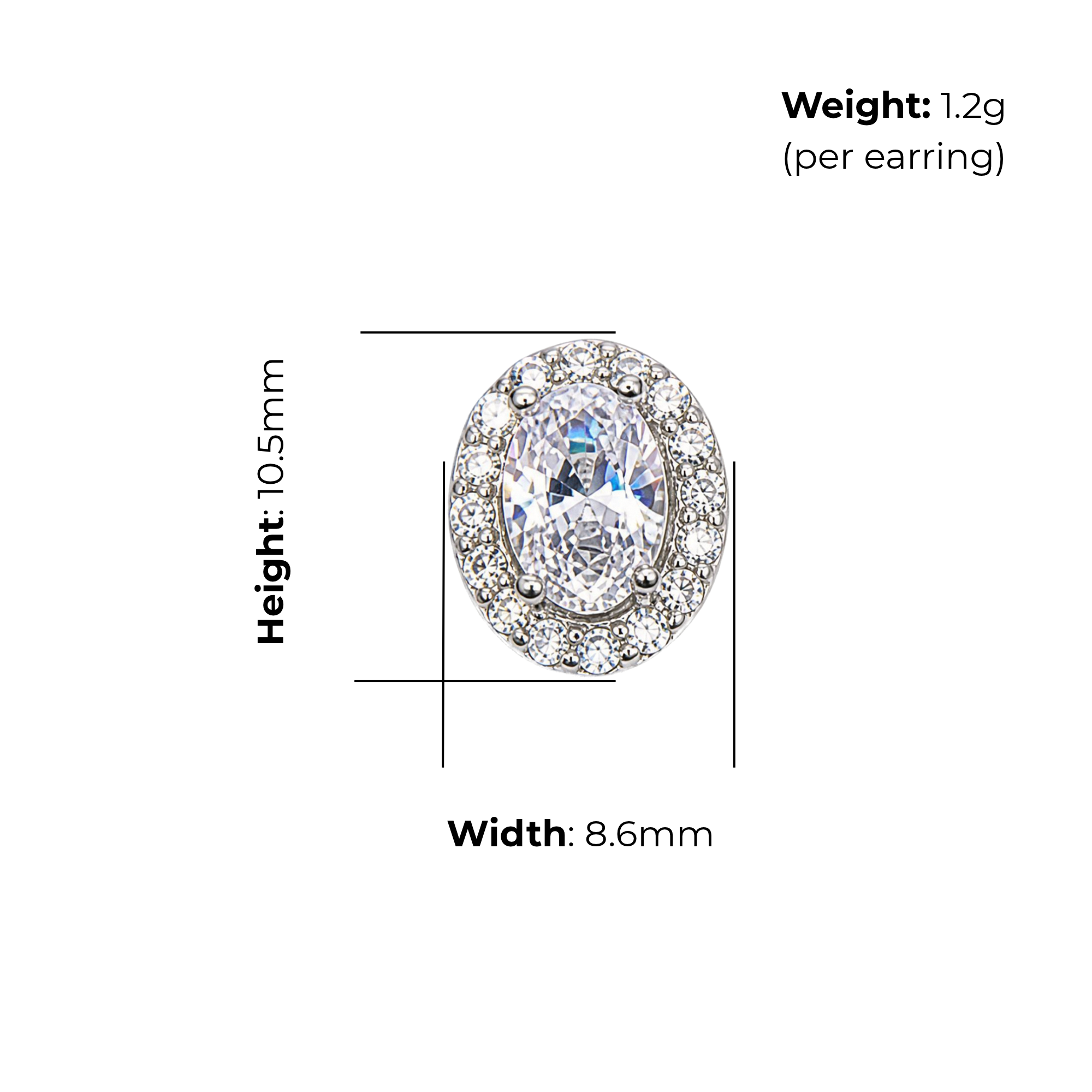 Sterling Silver Oval Halo Stud Earrings, Pave-Set CZ, product dimensions shown, width 8.6mm, height 10.5mm, weight 1.2g per earring