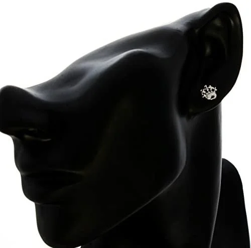 Sterling Silver Scottish Bagpipes Stud Earrings, sculpted Highland pipes form, crosshatched bag detail, 9mm x 9mm, push back fitting, shown on modelling bust at ear giving scale