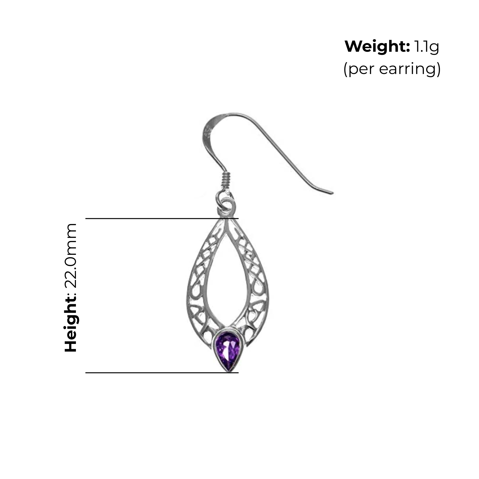 Sterling Silver Celtic Knotwork Navette Drop Earrings, pear-cut amethyst bezel set, fish hook fitting, product dimensions shown, height 22mm, weight 1.1g per earring