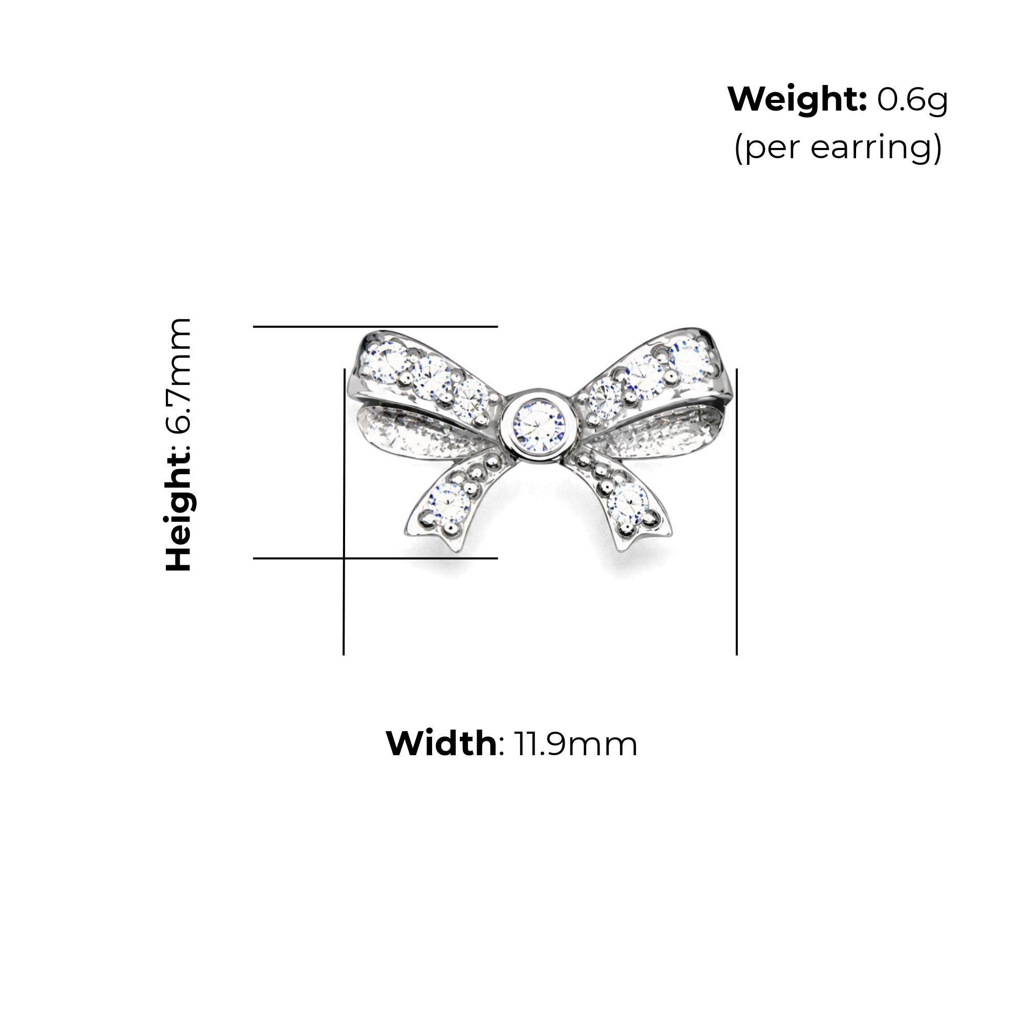 Sterling Silver Bow Stud Earrings, CZ Detail, product dimensions shown, width 11.9mm, height 6.7mm, weight 0.6g per earring.