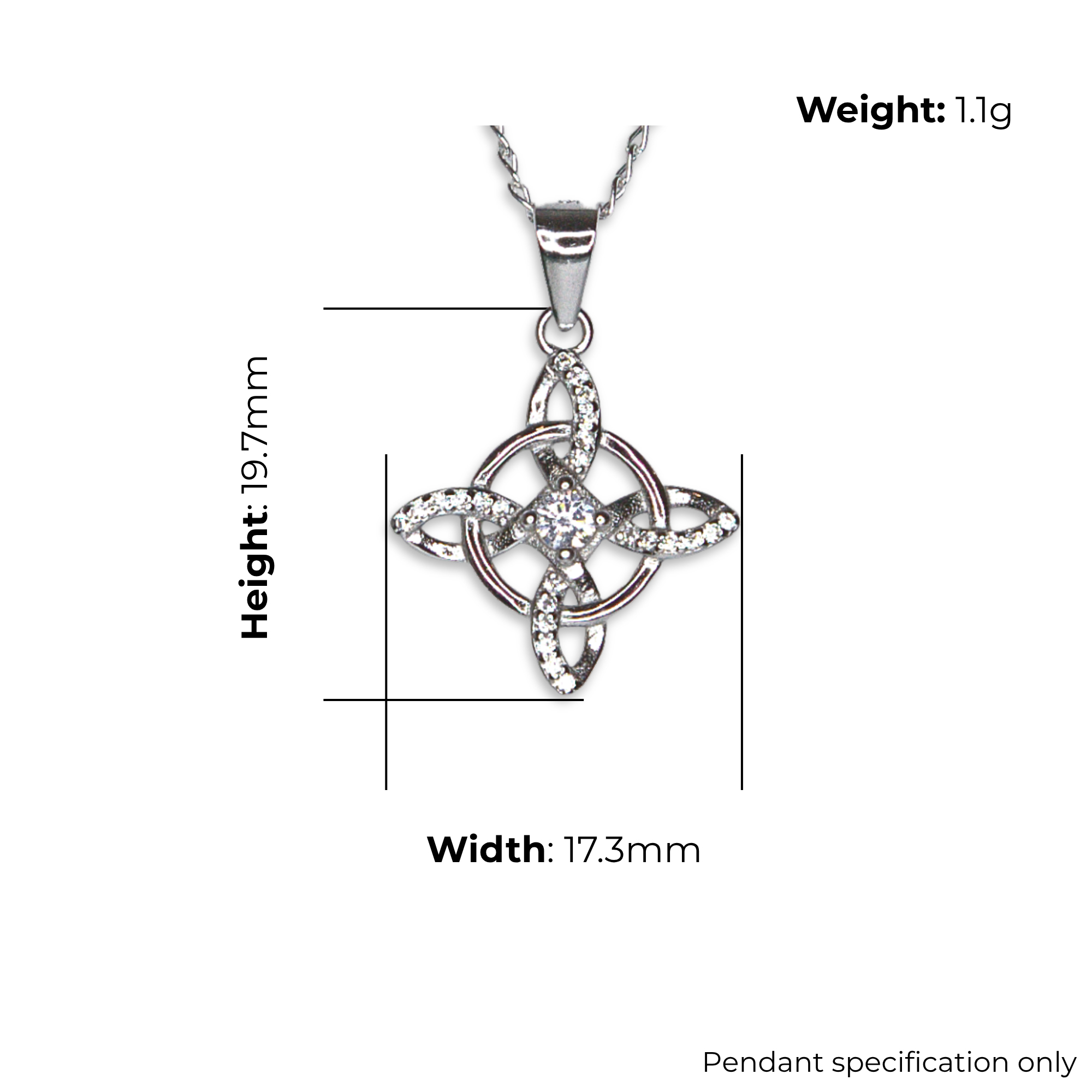 Sterling Silver Celtic Knot Pendant, Four-Point Radial Design, CZ Centre, product dimensions shown, width 17.3mm, height 19.7mm, weight 1.1g, pendant specification only.