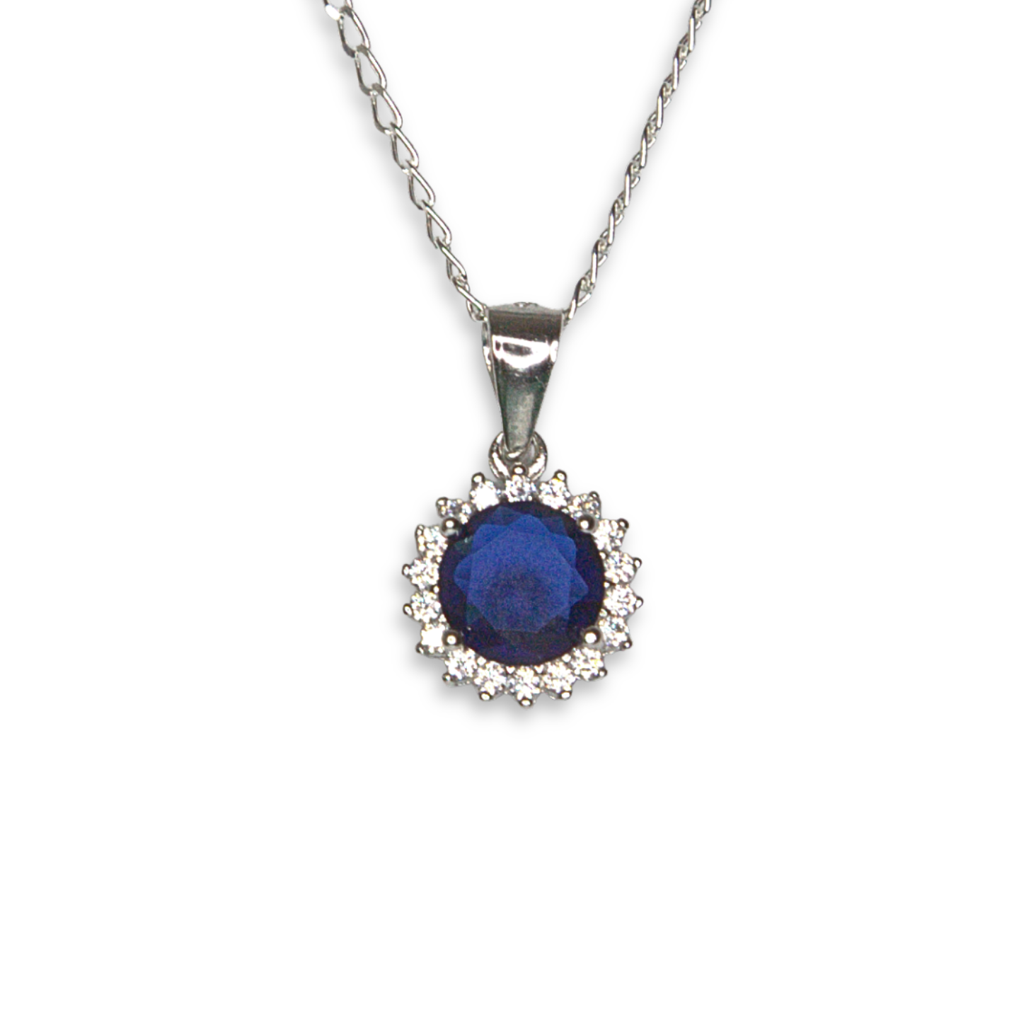 Sterling Silver Halo Pendant, Blue Centre Stone