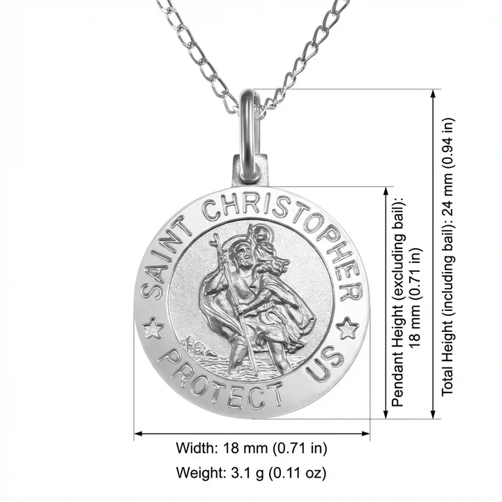 Sterling Silver St Christopher pendant, product dimensions shown, width 18mm by height 18mm, 6mm bail and jump ring, weight 3.1g