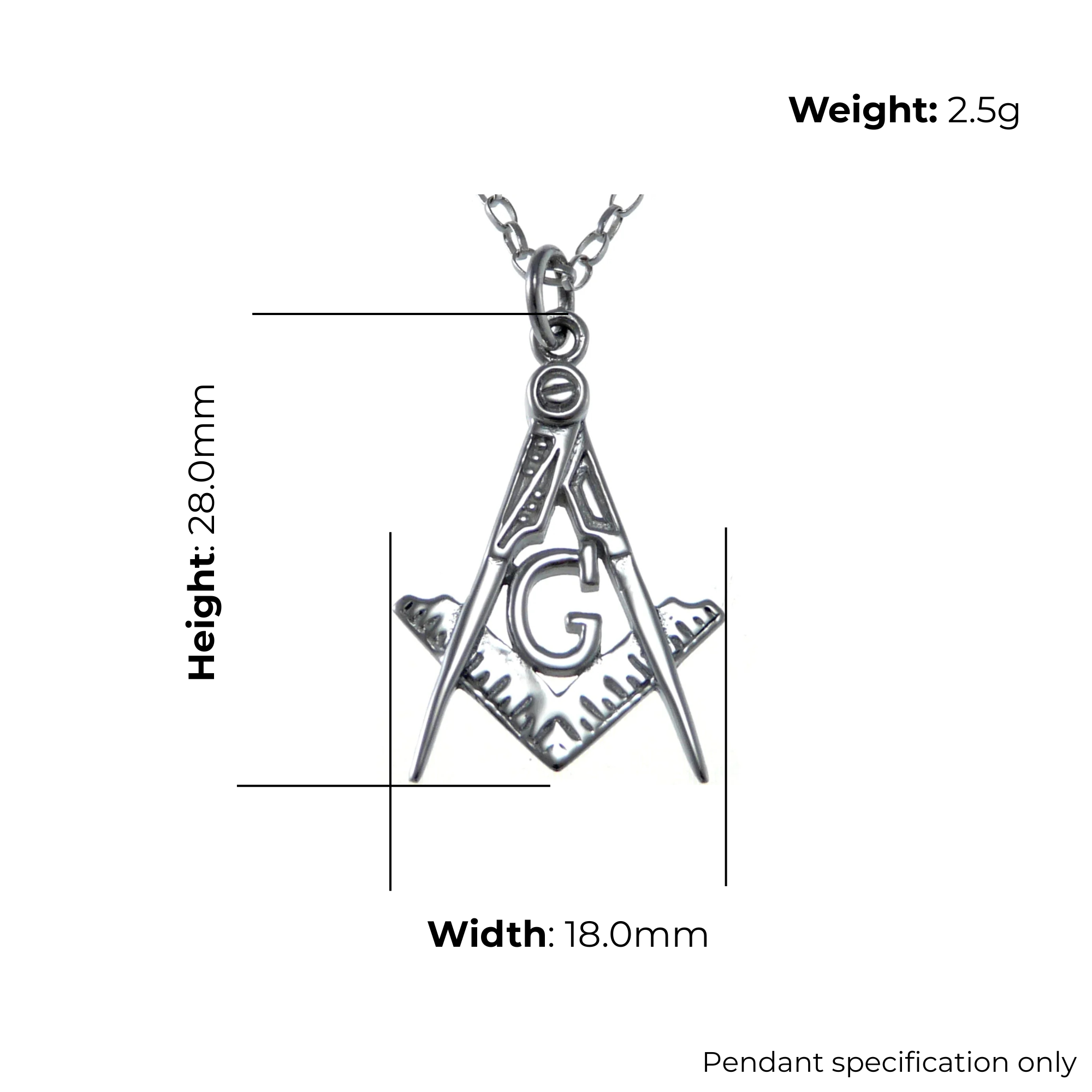 Sterling Silver Masonic Square and Compass Pendant, open work design, product dimensions shown, width 18mm, height 28mm, weight 2.5g, pendant specification only