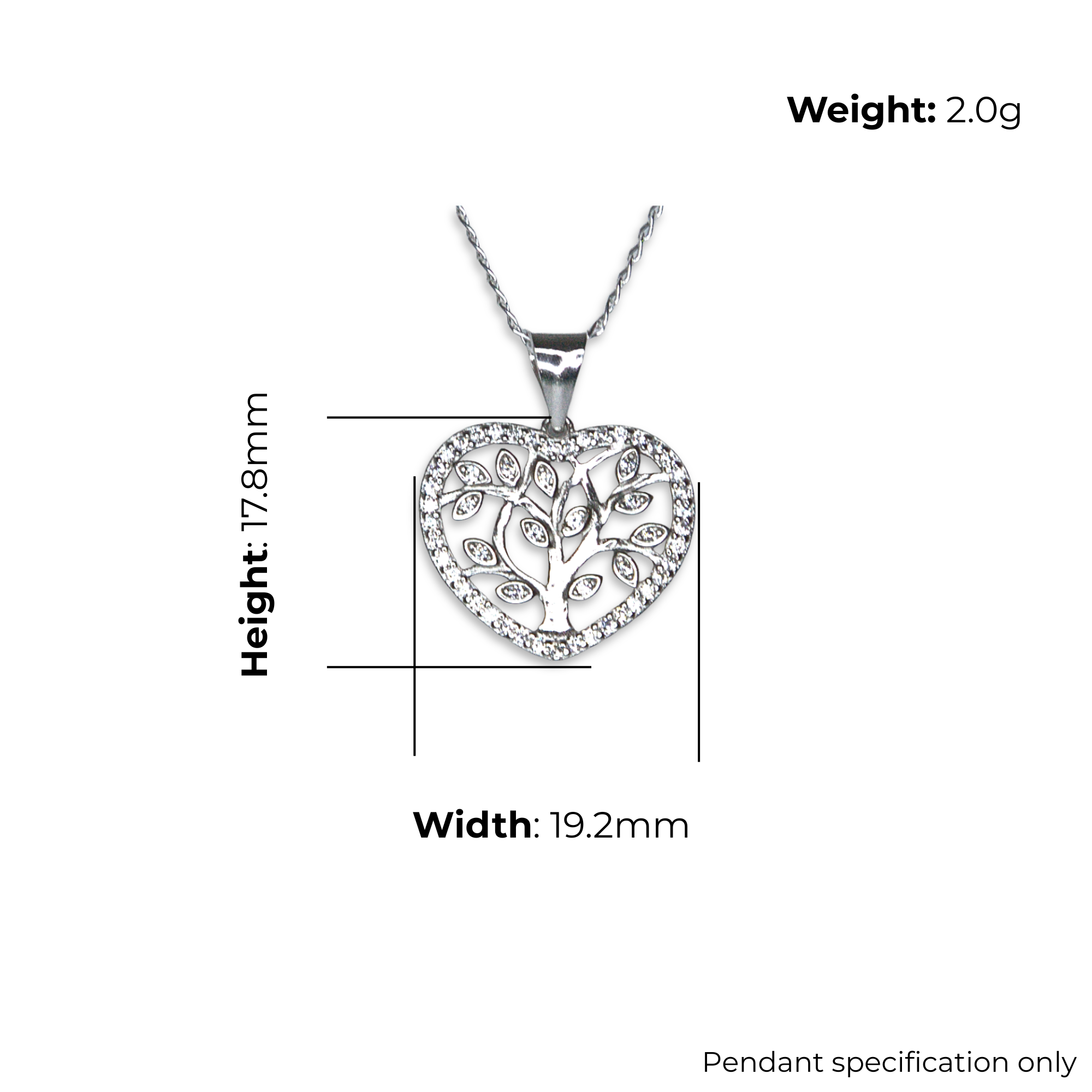 Sterling Silver Tree of Life Heart Pendant, Pave-Set CZ Border, product dimensions shown, width 19.2mm, height 17.8mm, weight 2.0g, pendant specification only.