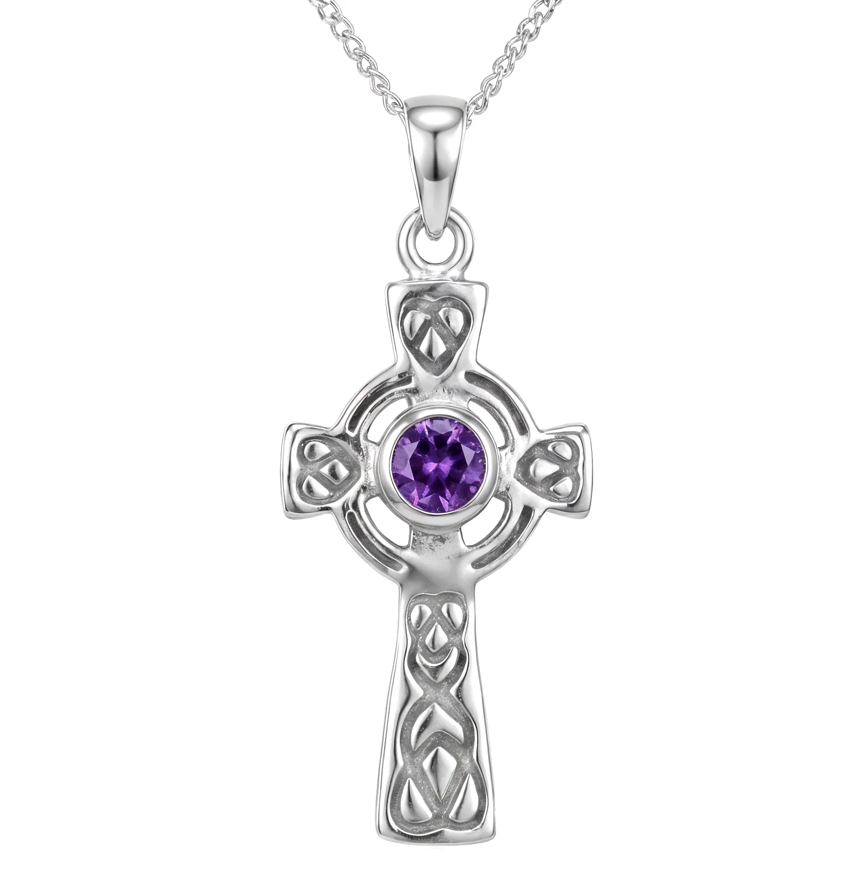 Sterling Silver Celtic cross pendant with amethyst, ringed crosshead, open knotwork quadrants, interlaced shaft, 26mm
