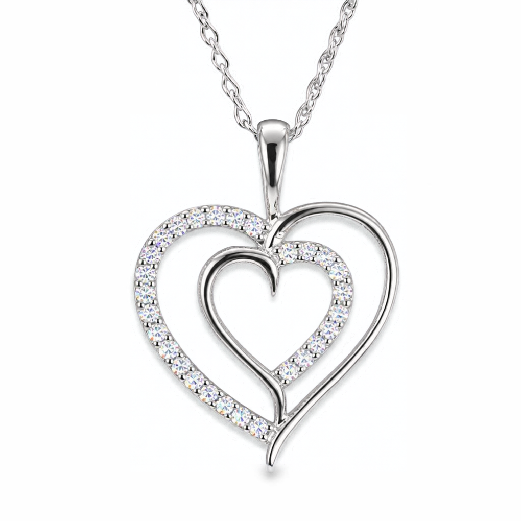 Sterling Silver Double Heart Pendant with CZ