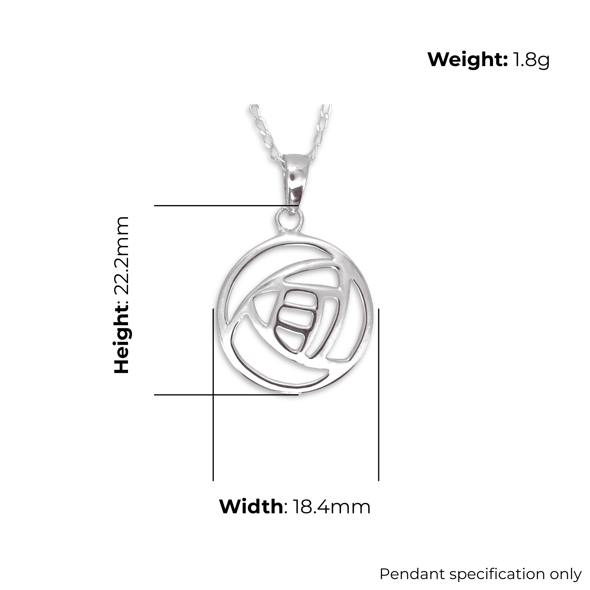 Sterling Silver Charles Rennie Mackintosh Pendant, geometric swirl design, product dimensions shown, width 18.4mm, height 22.2mm, weight 1.8g, pendant specification only