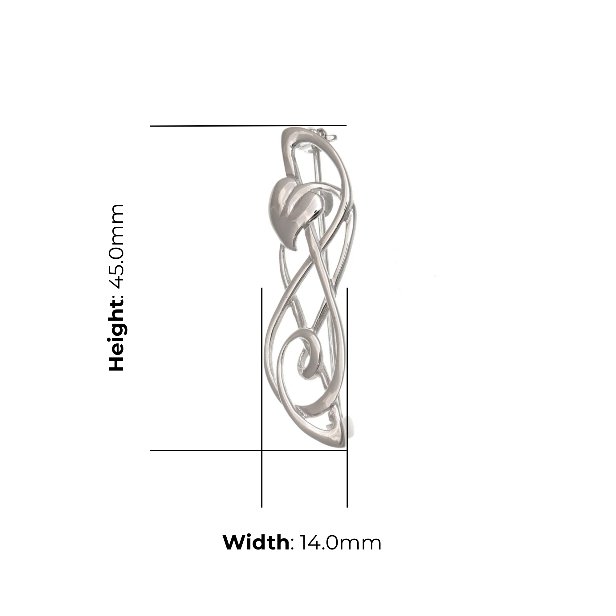 Sterling Silver Charles Rennie Mackintosh Sweep Brooch, interlaced heart design, product dimensions shown, width 14mm, height 45mm
