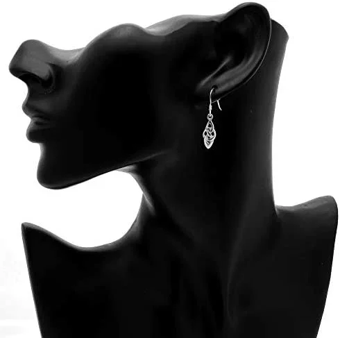 Sterling Silver Celtic Knotwork Navette Drop Earrings, Trinity knot interlace, high mirror polish, fish hook fitting, shown on modelling bust at ear