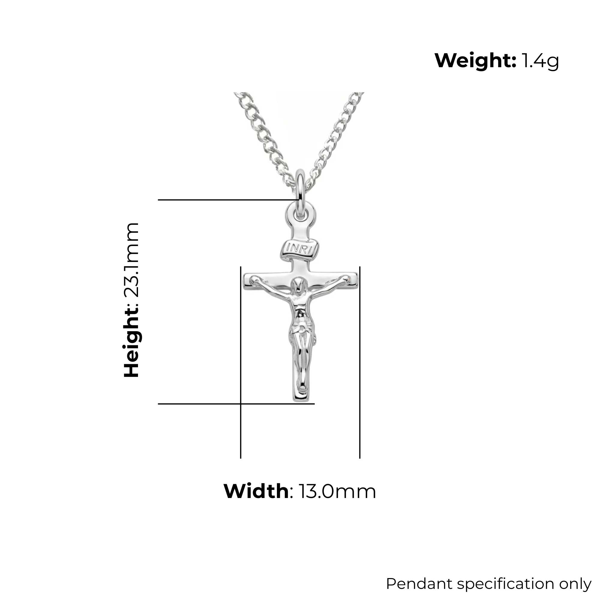 Sterling Silver Crucifix Pendant, high relief corpus, product dimensions shown, width 13mm, height 23.1mm, weight 1.4g, pendant specification only