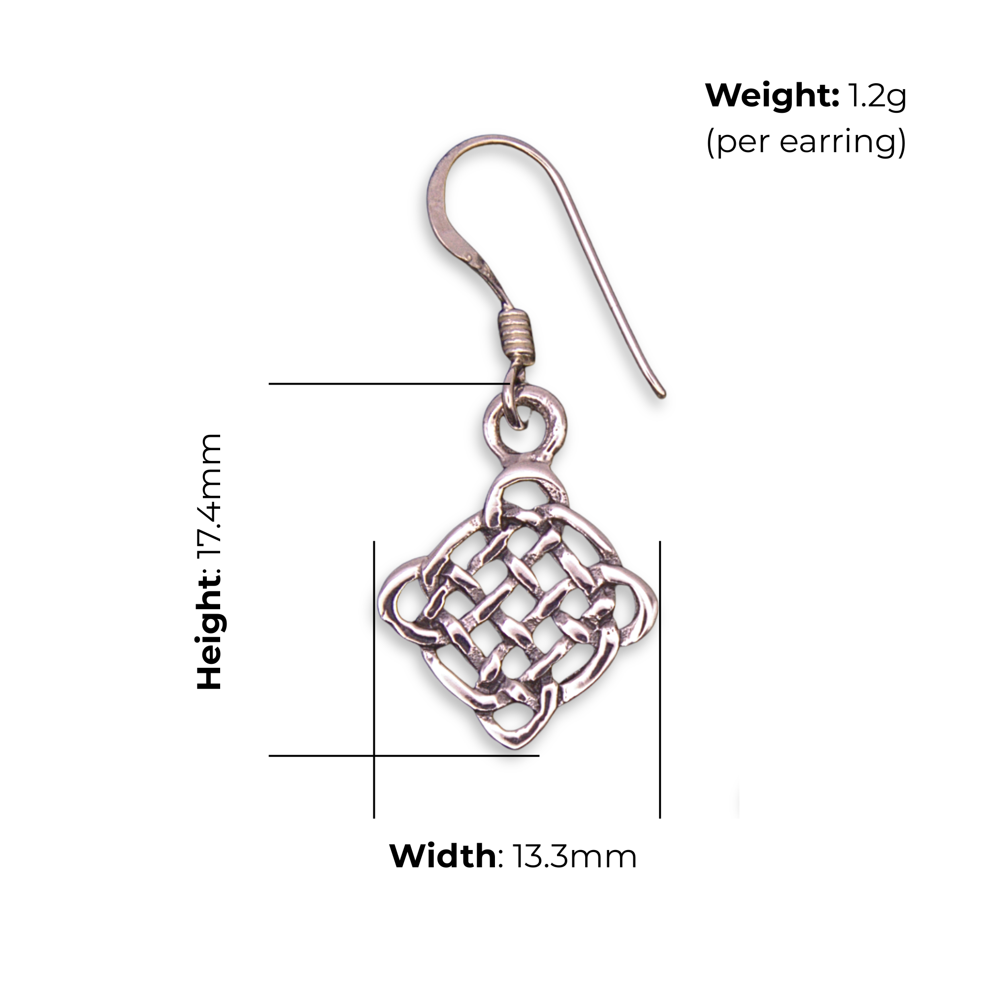 Sterling Silver Celtic Knot Diamond Earrings, Interlaced Plaitwork, product dimensions shown, width 13.3mm, height 17.4mm, weight 1.2g per earring.