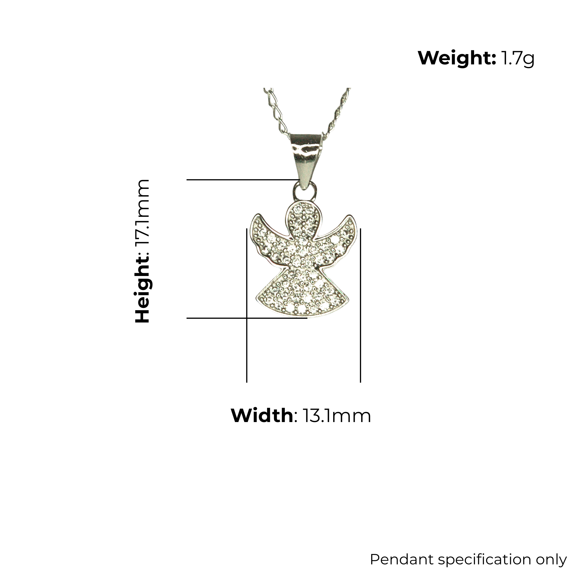 Sterling Silver Angel Pendant, Pave-Set CZ, product dimensions shown, width 13.1mm, height 17.1mm, weight 1.7g, pendant specification only.