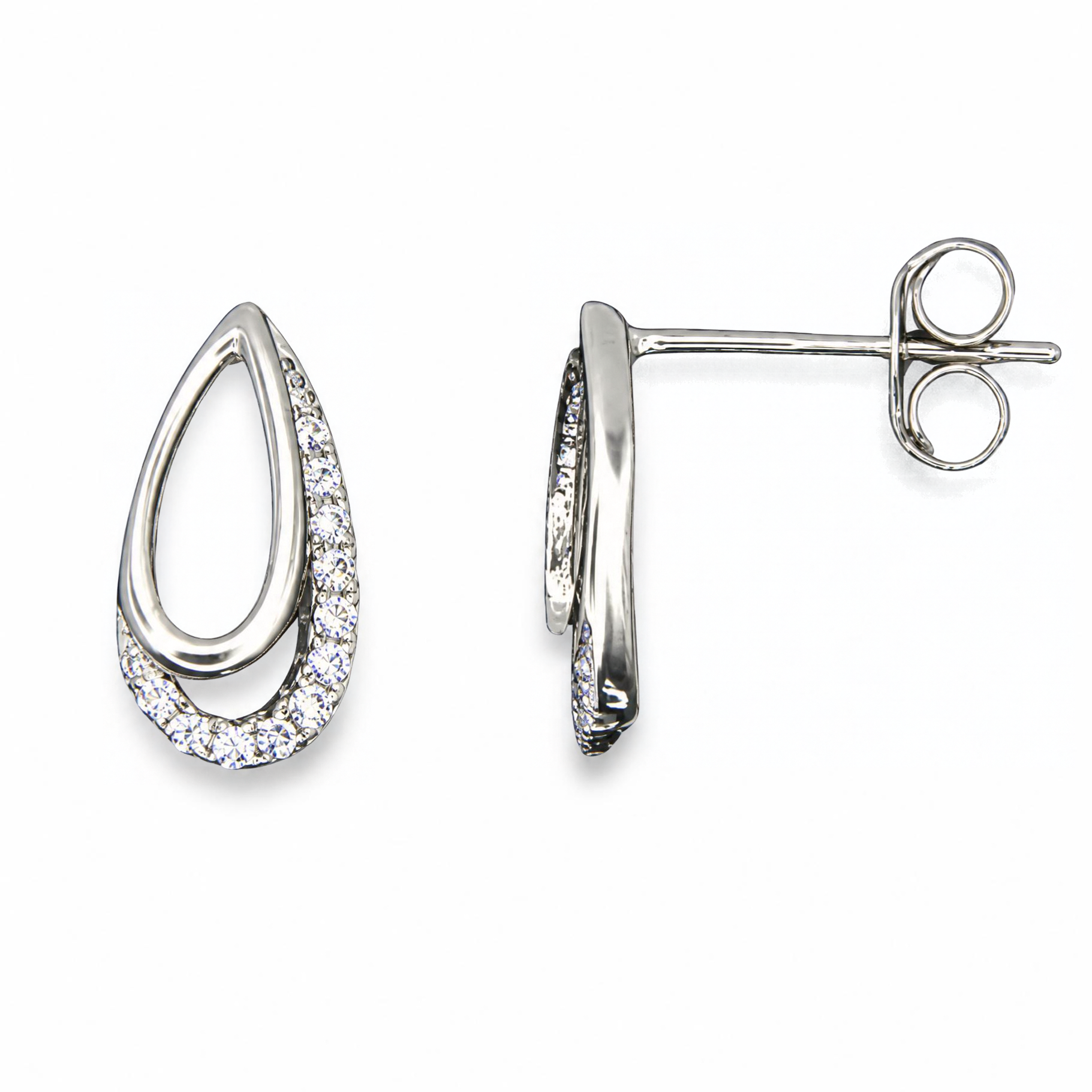Sterling Silver Open Teardrop Stud Earrings, Pave-Set CZ Trim