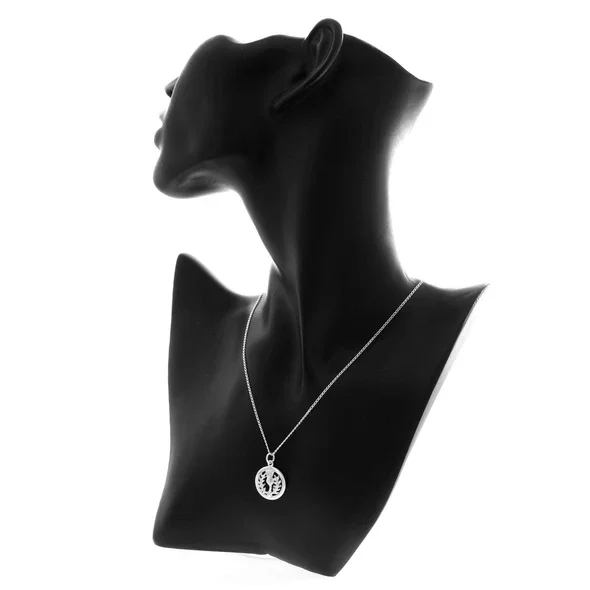 Sterling Silver Scottish Thistle Pendant, circular frame, feathered head, crosshatched globe, spiky leaves, shown on modelling bust at neckline giving scale