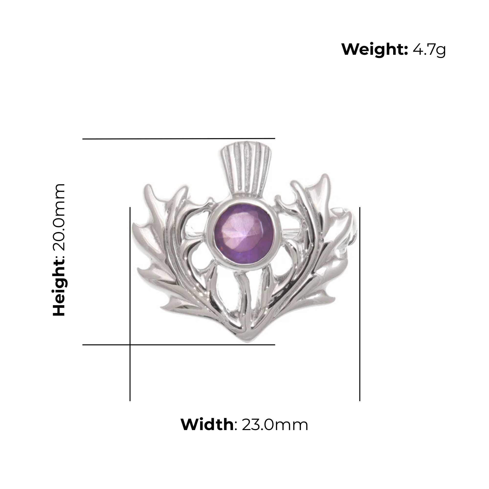 Sterling Silver Thistle Crown Brooch, amethyst-colour stone, product dimensions shown, width 23mm, height 20mm, weight 4.7g