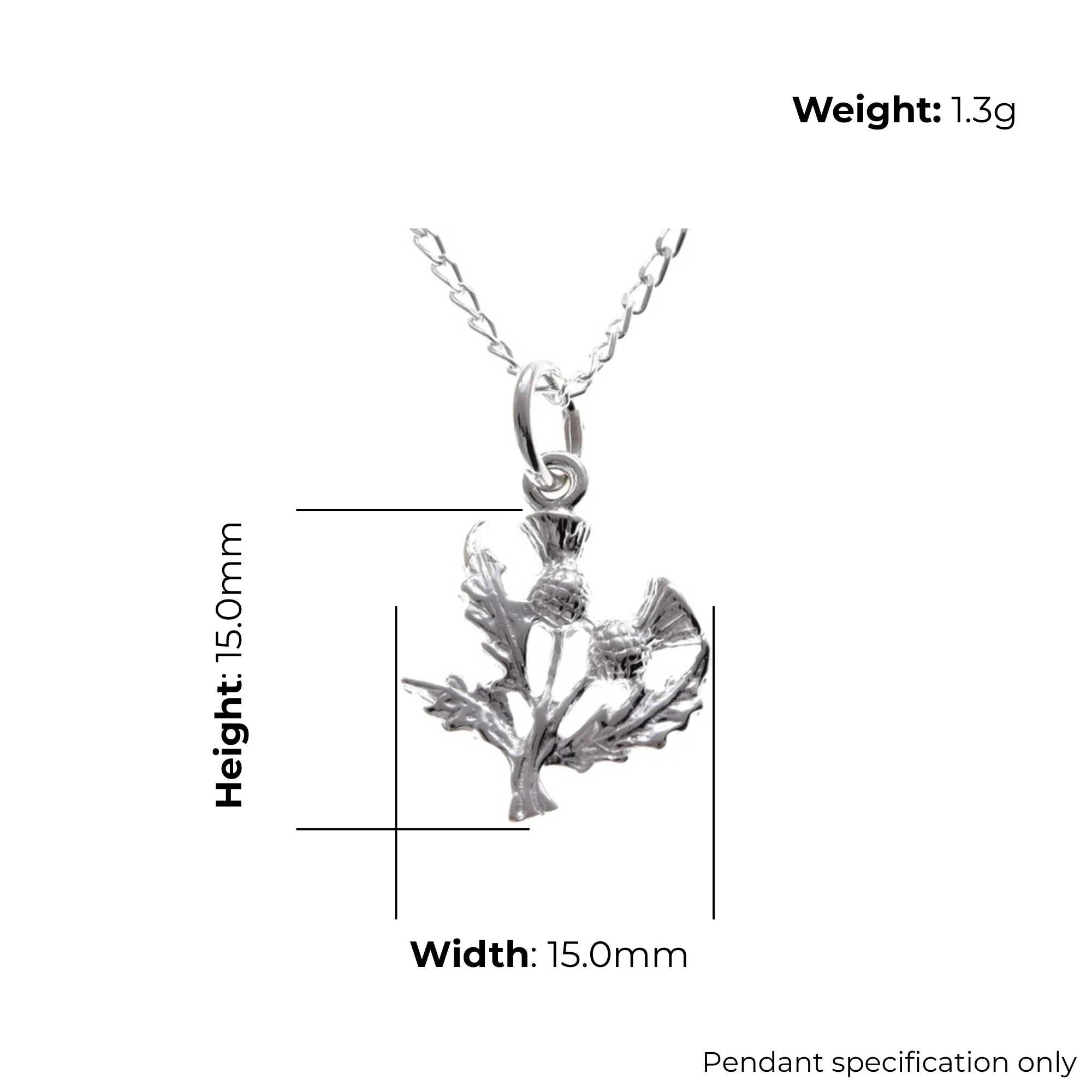 Sterling Silver Scottish Thistle Pendant, twin-head botanical form, feathered crowns, crosshatched globes, product dimensions shown, width 15mm, height 15mm, weight 1.3g, pendant specification only