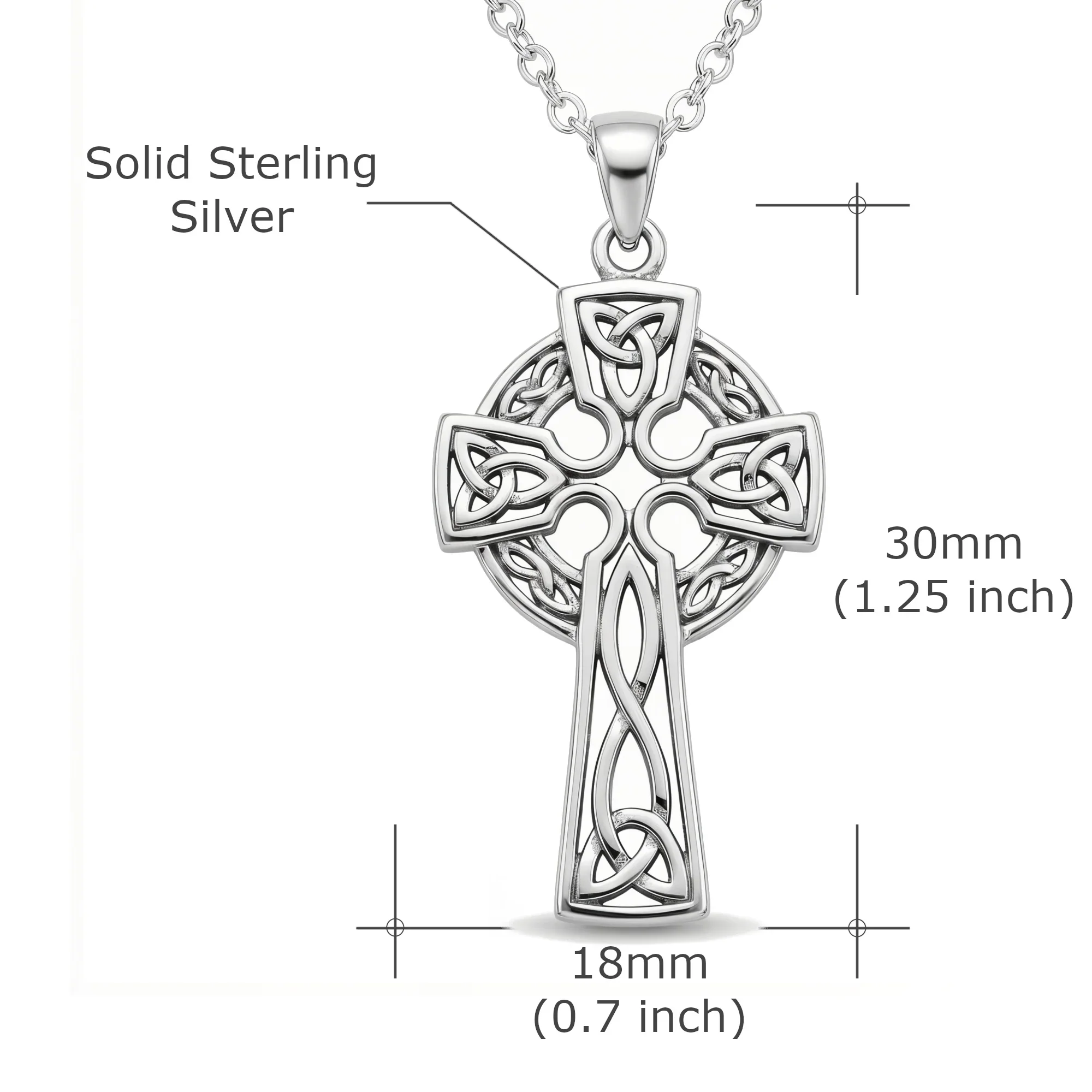 Sterling Silver Celtic cross pendant, flared crosshead with Trinity knot quadrants, product dimensions shown, 18mm width by 30mm height