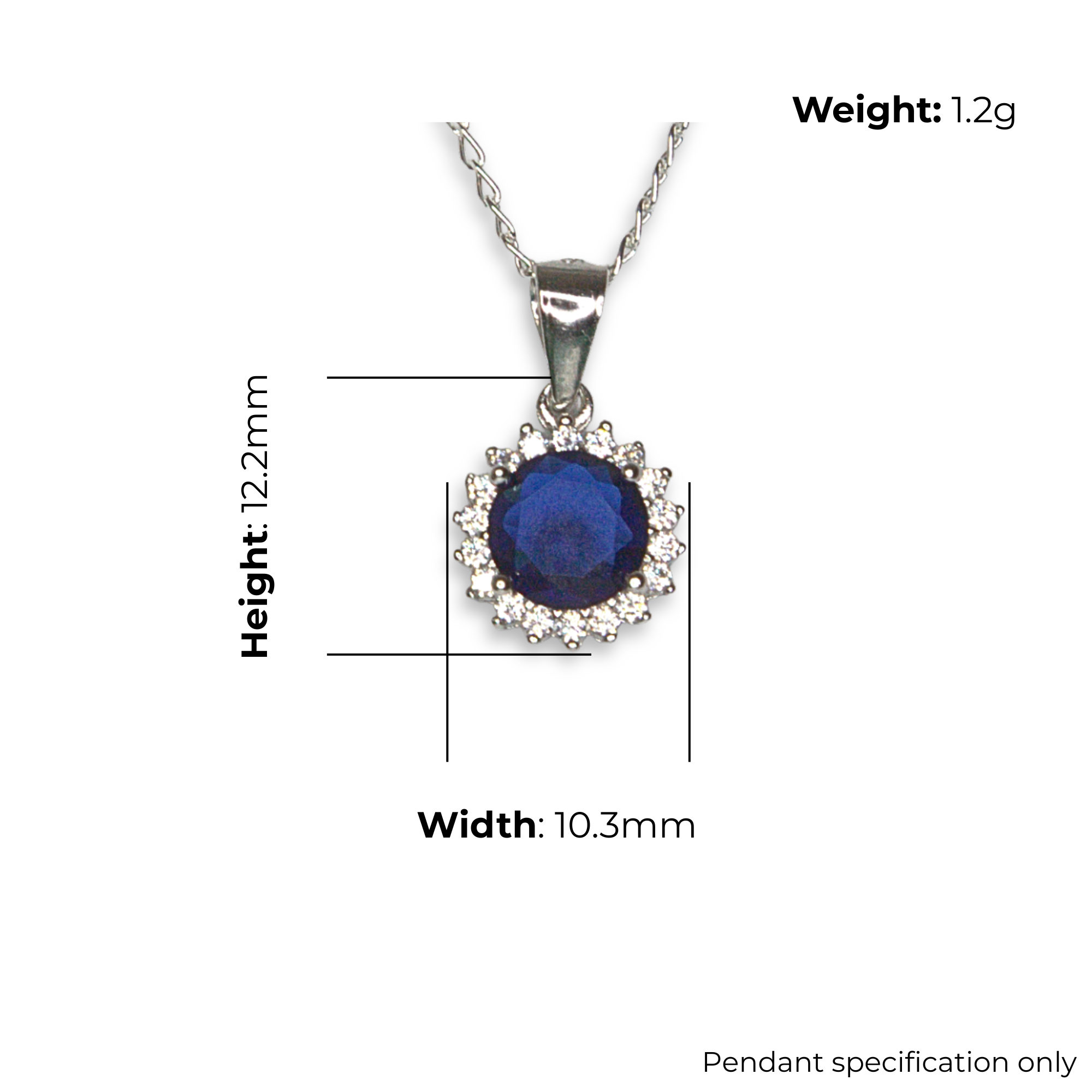 Sterling Silver Halo Pendant, Blue Centre Stone, product dimensions shown, width 10.3mm, height 12.2mm, weight 1.2g, pendant specification only.