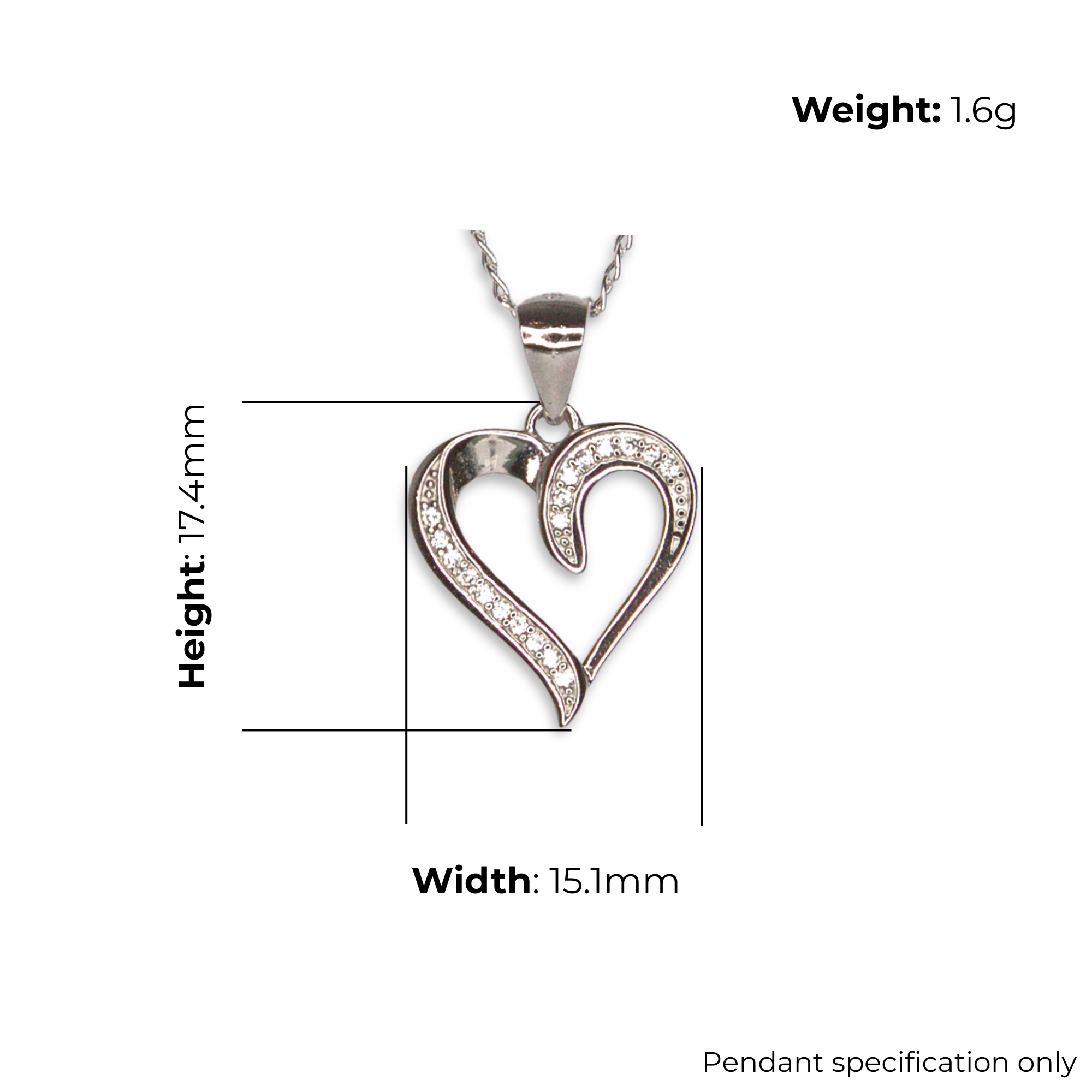 Sterling Silver Asymmetric Heart Pendant with CZ, product dimensions shown, width 15.1mm, height 17.4mm, weight 1.6g, pendant specification only