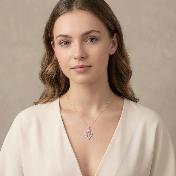 Sterling Silver Scottish Thistle Pendant, round amethyst claw set, feathered head, shown on model at neckline giving scale