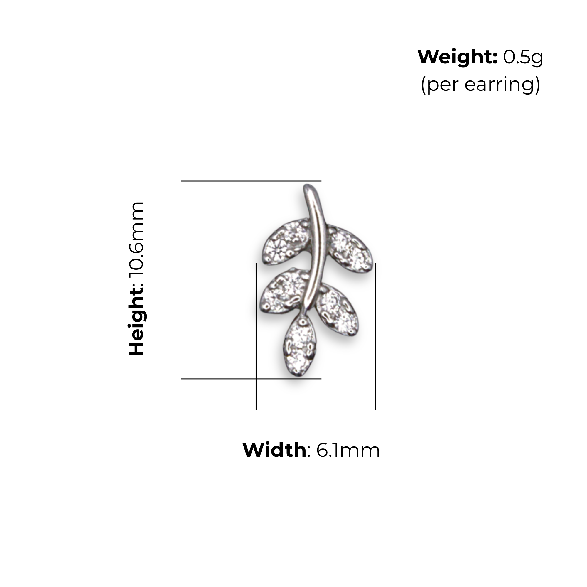 Sterling Silver Leaf Branch CZ Stud Earrings, product dimensions shown, width 6.1mm, height 10.6mm, weight 0.5g per earring