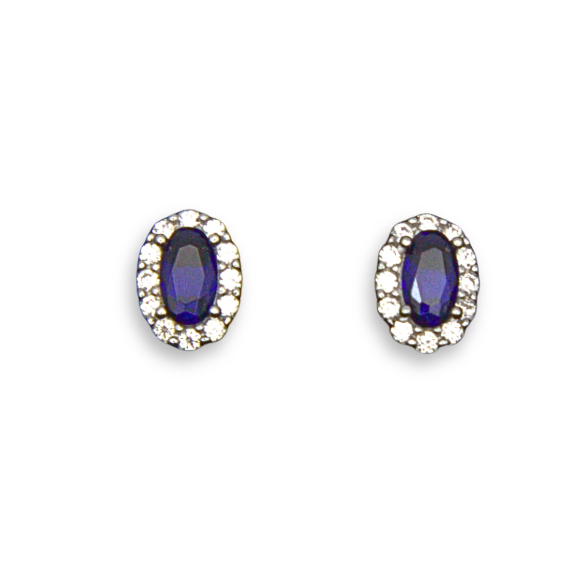 Silver Donna Ricardo Oval Halo Stud Earrings with Blue Stone (DRE9032)