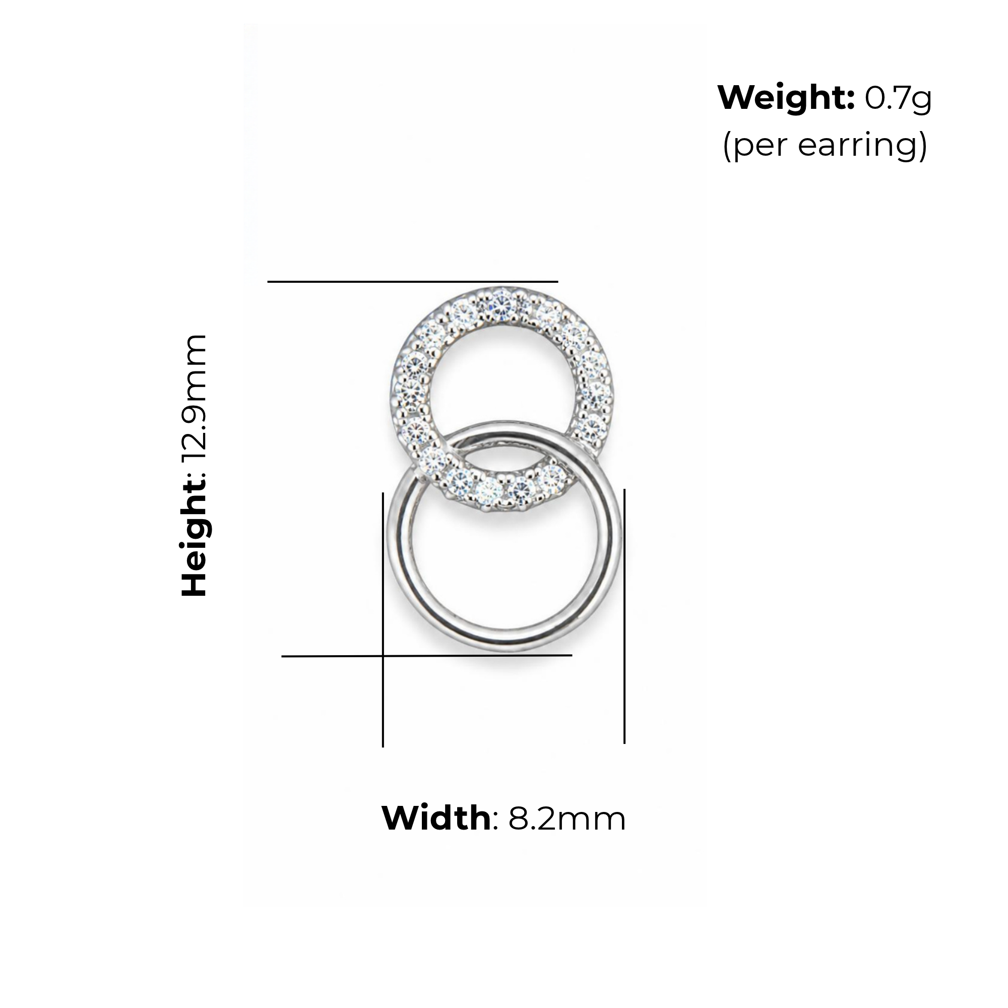 Sterling Silver Interlocking Circles Stud Earrings, Pave-Set CZ, product dimensions shown, width 8.2mm, height 12.9mm, weight 0.7g per earring.