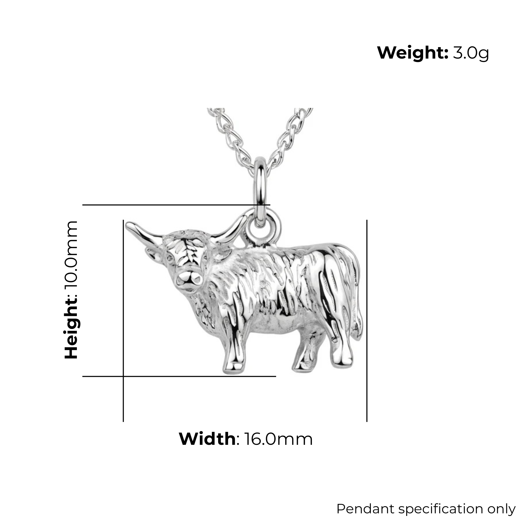 Sterling Silver Scottish Highland Cow Pendant, sculpted three-dimensional form, engraved coat detail, product dimensions shown, width 16mm, height 10mm, weight 3g, pendant specification only