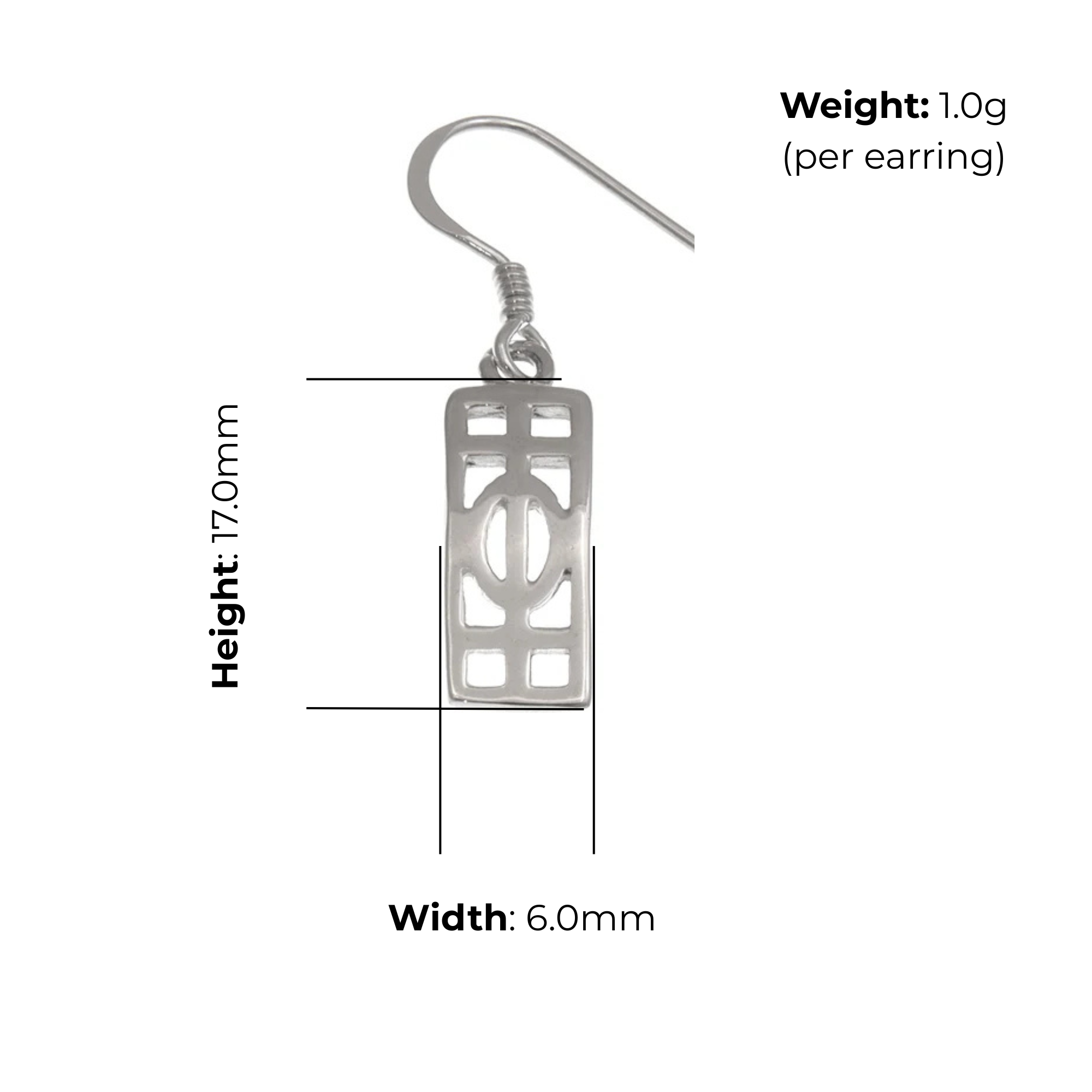 Sterling Silver Charles Rennie Mackintosh Column Drop Earrings, geometric grid design, product dimensions shown, width 6mm, height 17mm, weight 1g per earring