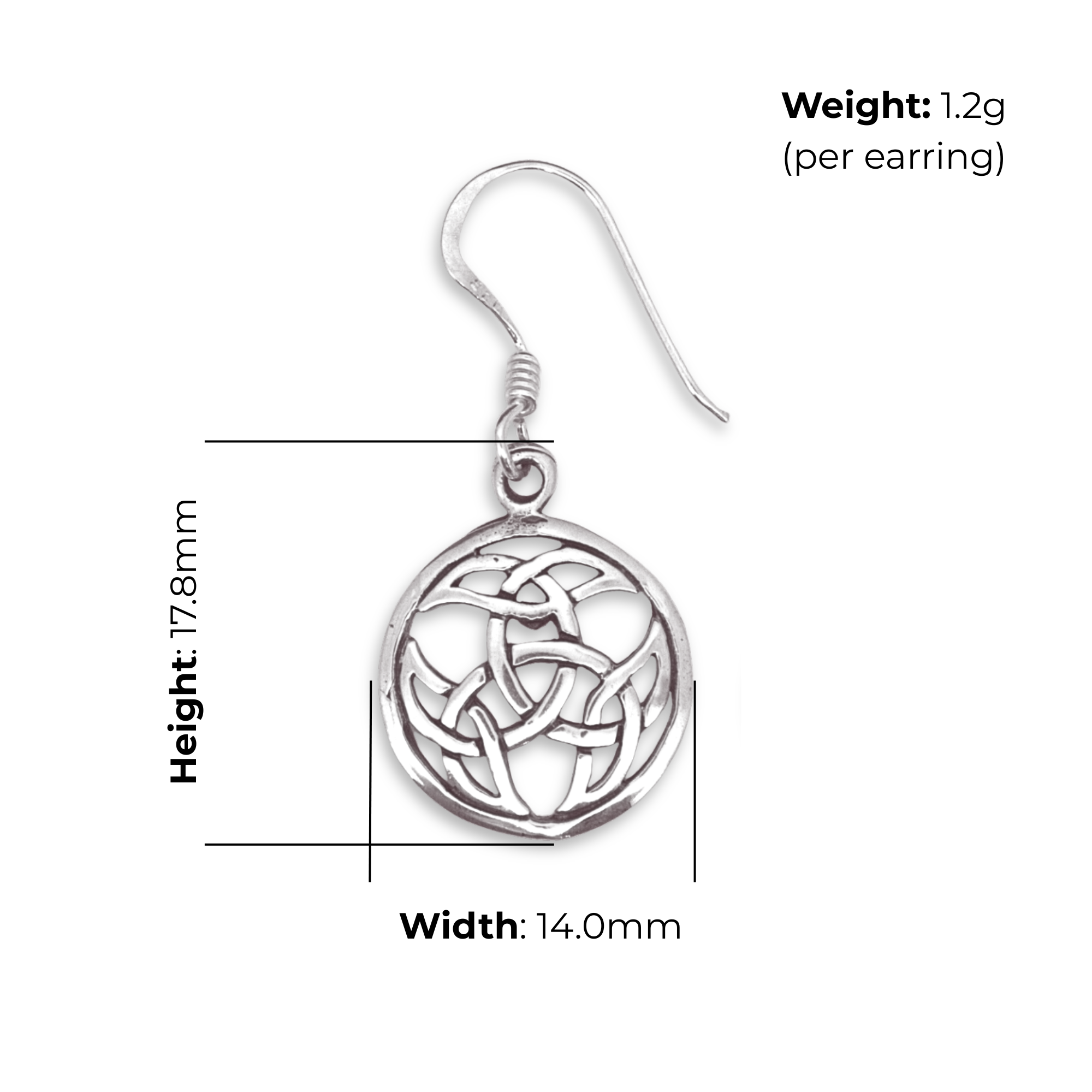 Sterling Silver Celtic Knotwork Drop Earrings, Trinity knot centre, product dimensions shown, width 14mm, height 17.8mm, weight 1.2g per earring