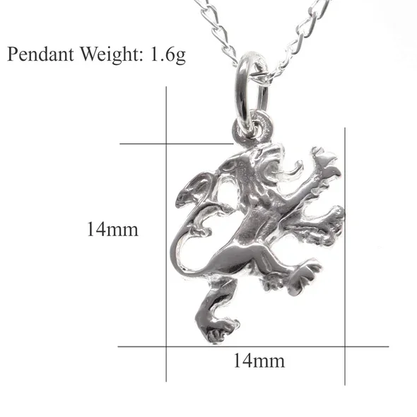 Sterling Silver Scottish Lion Rampant Pendant, sculpted heraldic form, engraved detail, product dimensions shown, width 14mm by height 14mm, weight 1.6g