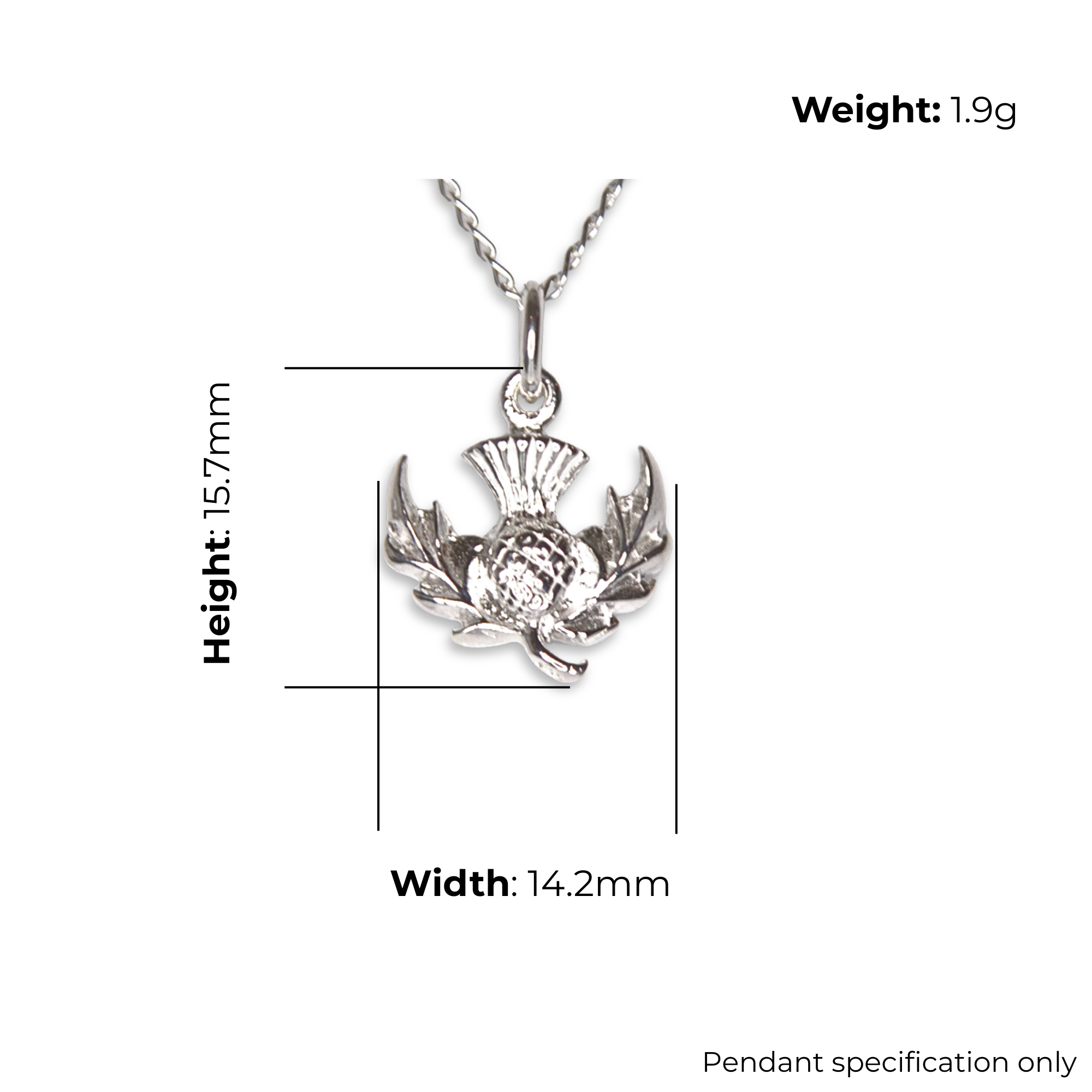 Sterling Silver Scottish Thistle Pendant, Crosshatched Globe Head, product dimensions shown, width 14.2mm, height 15.7mm, weight 1.9g, pendant specification only.