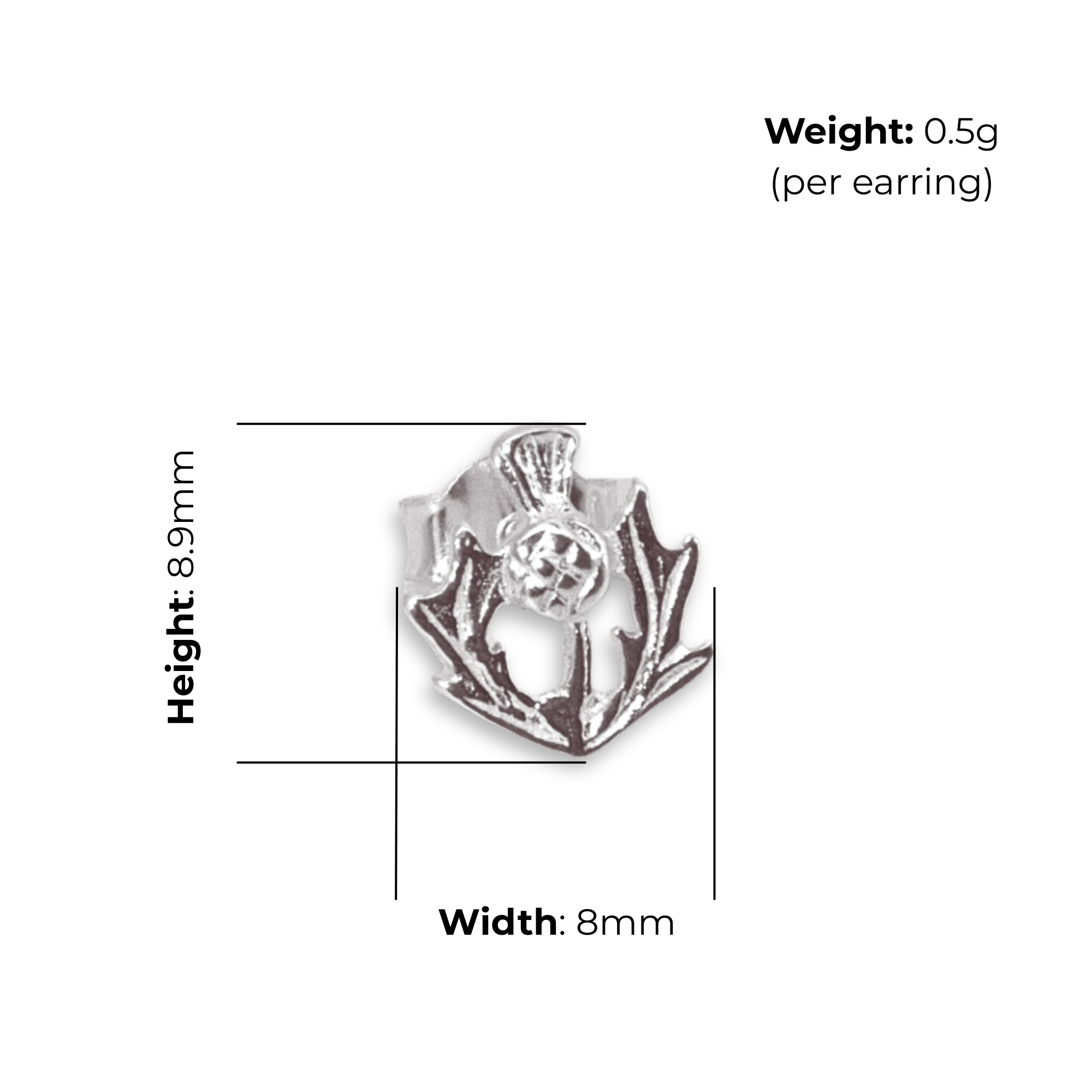 Sterling Silver Scottish Thistle Stud Earrings, high polish finish, product specifictaion shown, width 8mm, height 8.9mm, weight 0.5g per earring