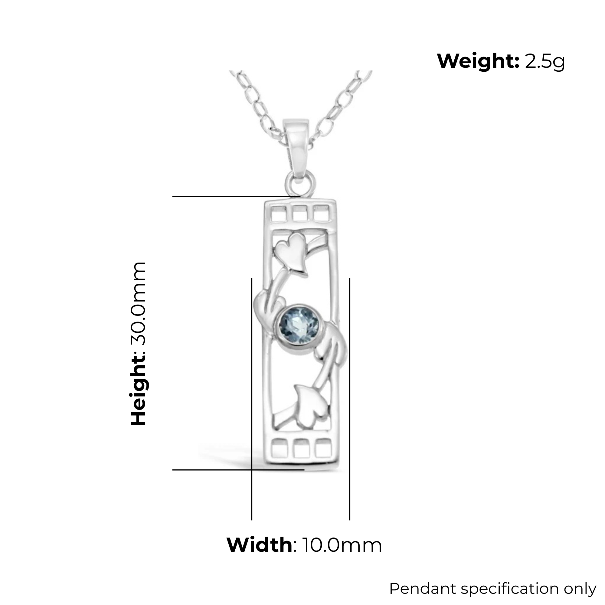 Sterling Silver Charles Rennie Mackintosh Column Pendant, geometric and botanical design, product dimensions shown, width 10mm, height 30mm, weight 2.5g, pendant specification only