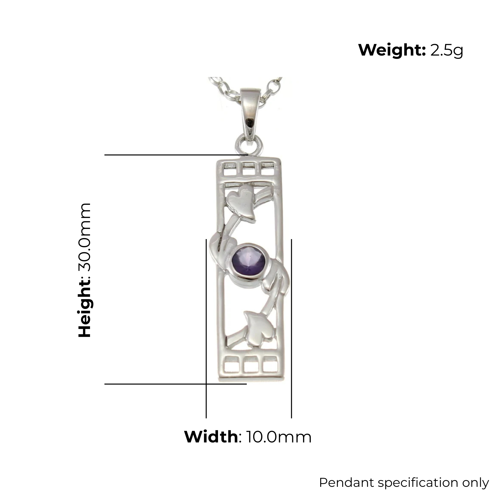 Sterling Silver Charles Rennie Mackintosh Column Pendant, geometric and botanical design, product dimensions shown, width 10mm, height 30mm, weight 2.5g, pendant specification only