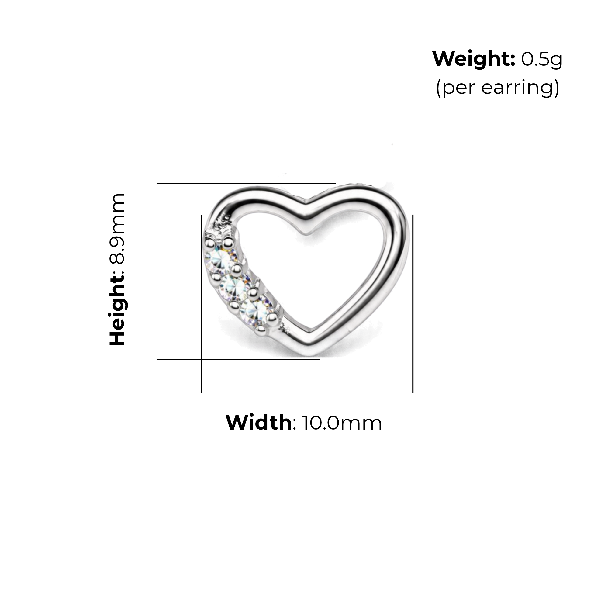 Sterling Silver Open Heart Stud Earrings with CZ, product dimensions shown, width 10mm, height 8.9mm, weight 0.5g per earring