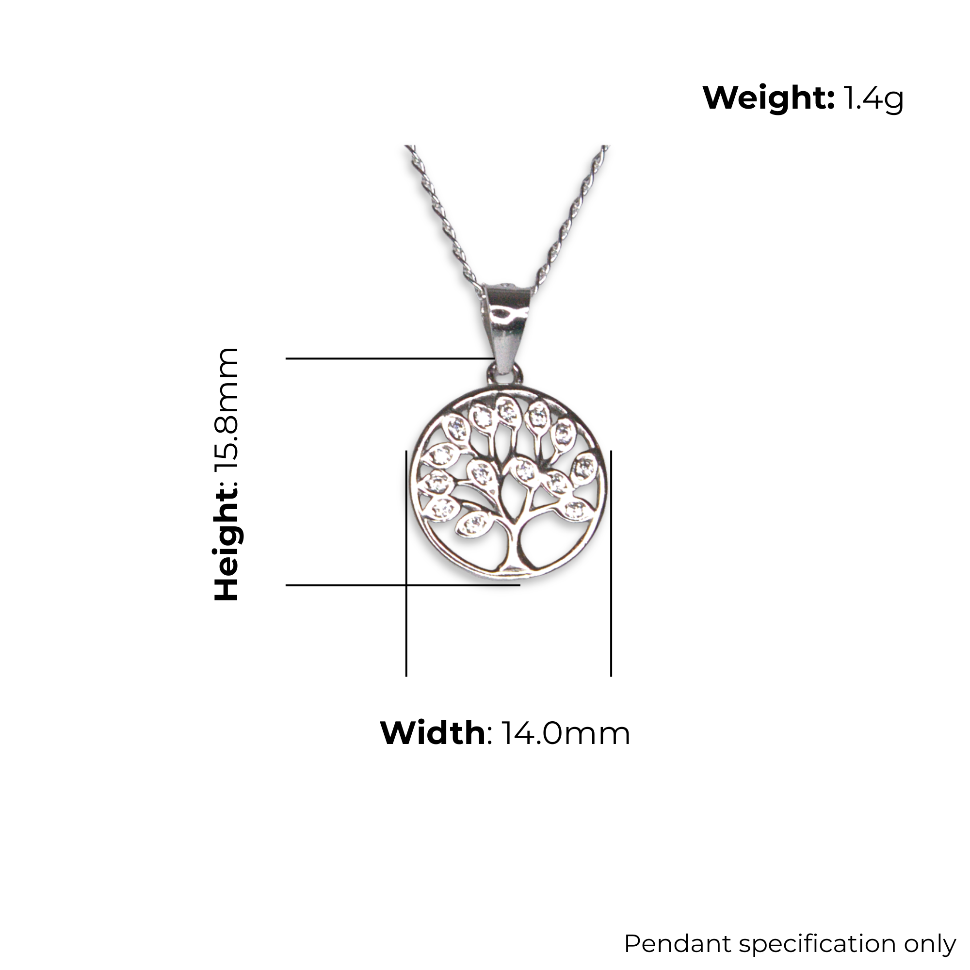 Sterling Silver Tree of Life Pendant, CZ Leaf Detail, product dimensions shown, width 14.0mm, height 15.8mm, weight 1.4g, pendant specification only.