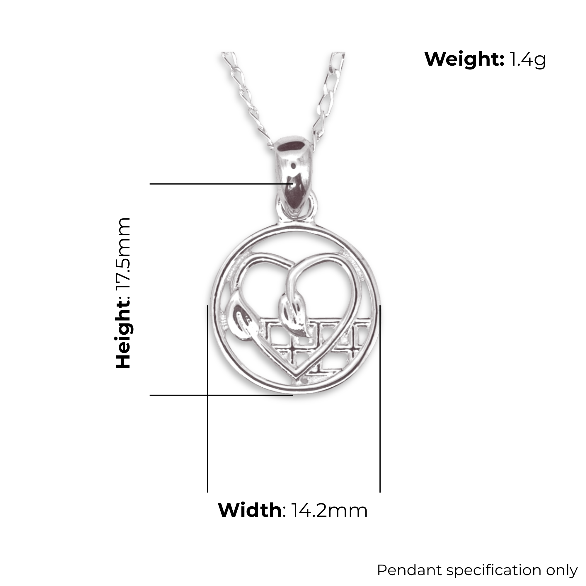 Sterling Silver Charles Rennie Mackintosh Circle and Heart Pendant, geometric grid design, product dimensions shown, width 14.2mm, height 17.5mm, weight 1.4g