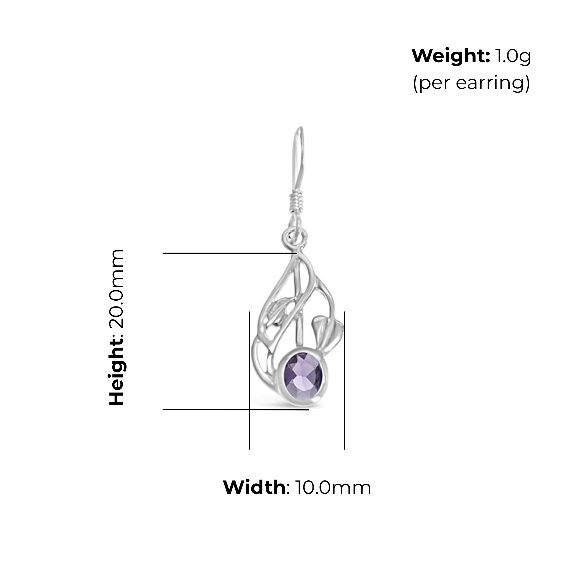 Sterling Silver Charles Rennie Mackintosh Drop Earrings, amethyst, product dimensions shown, width 10mm, height 20mm, weight 1g per earring