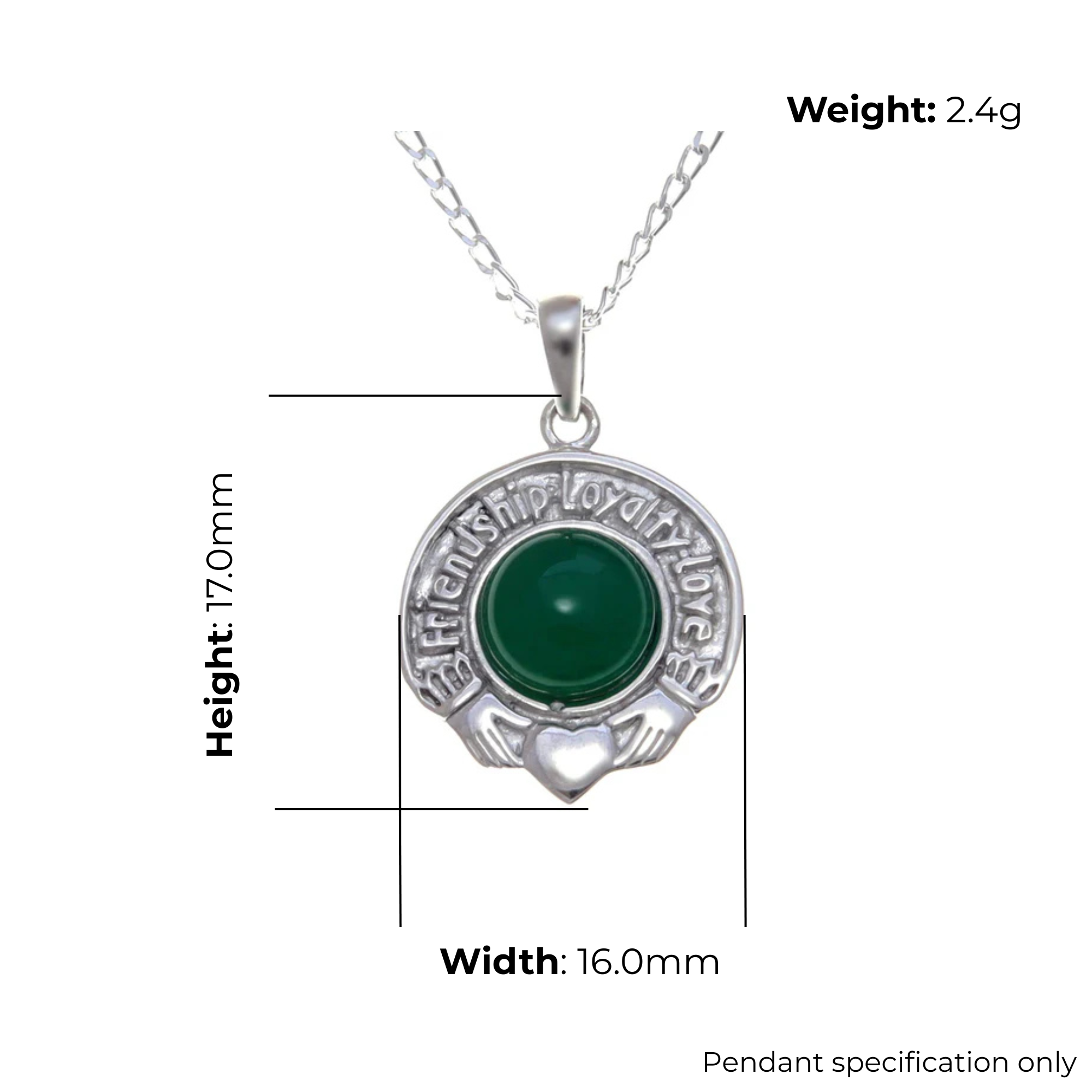 Sterling Silver Claddagh Pendant, engraved Friendship Loyalty Love border, green CZ bezel set, product dimensions shown, width 16mm, height 17mm, weight 2.4g, pendant specification only