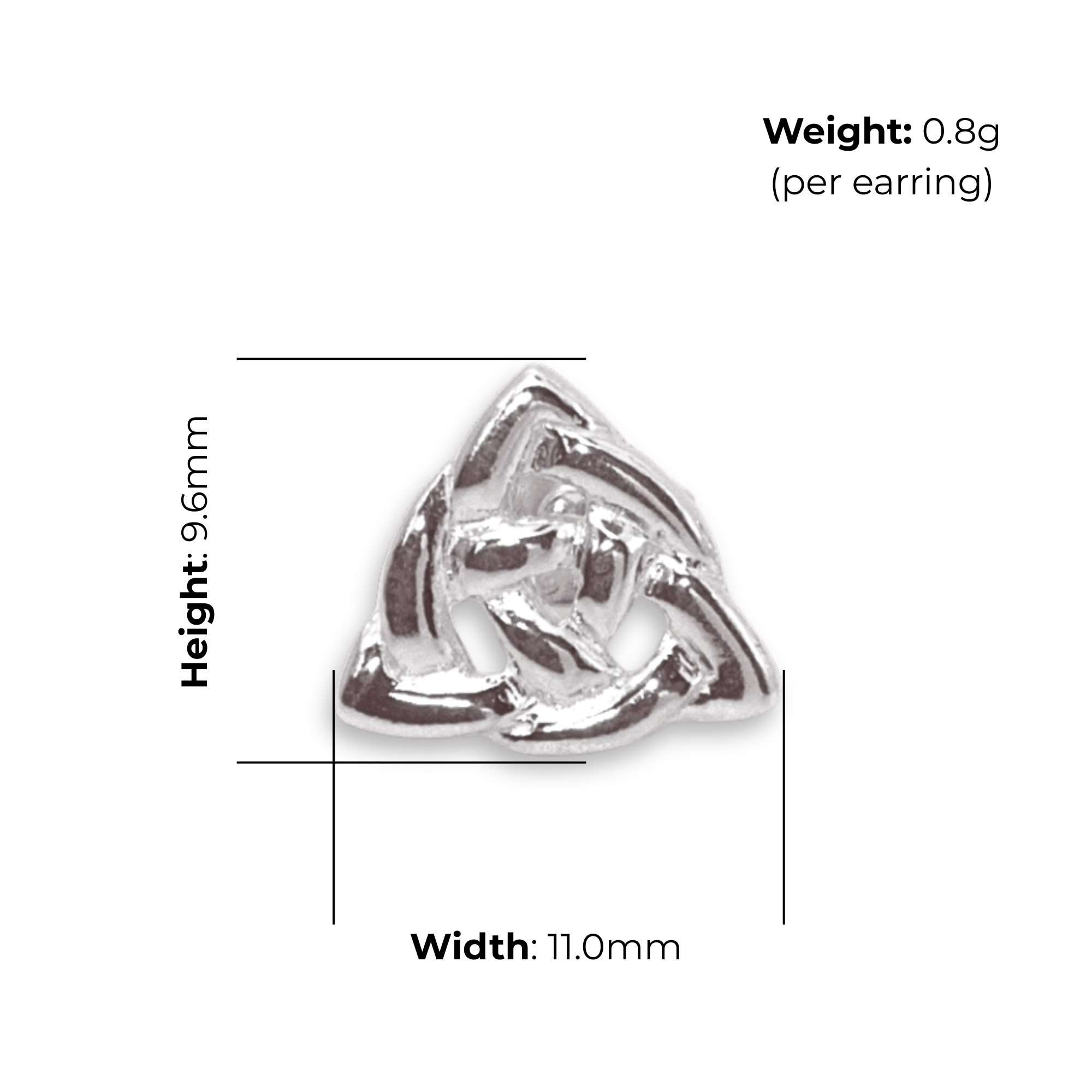 Sterling Silver Celtic Trinity Knot Stud Earrings, compact design, product dimensions shown, width 11mm, height 9.6mm, weight 0.8g per earring