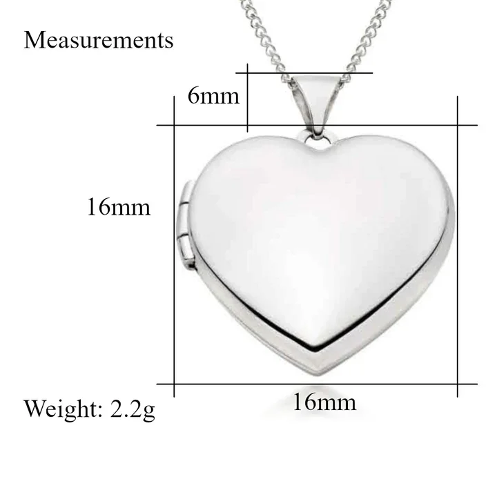 Sterling Silver petite heart locket. Plain high mirror polish, product dimensions shown, 16mm height by 16mm width, with 6mm jump ring, weight 2.2g