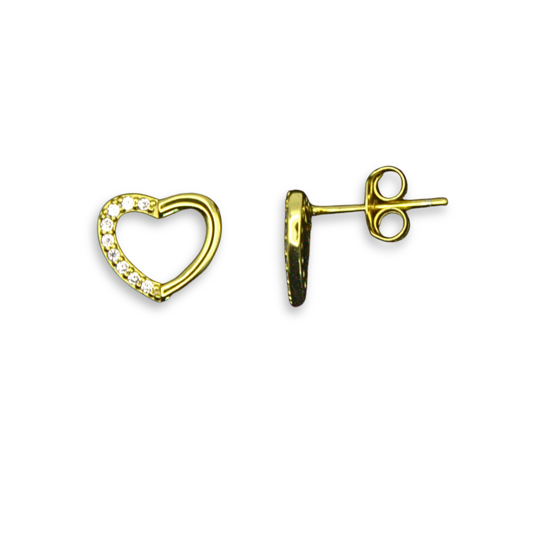 Sterling Silver Open Heart Stud Earrings, Gold Plated, Pave-Set CZ