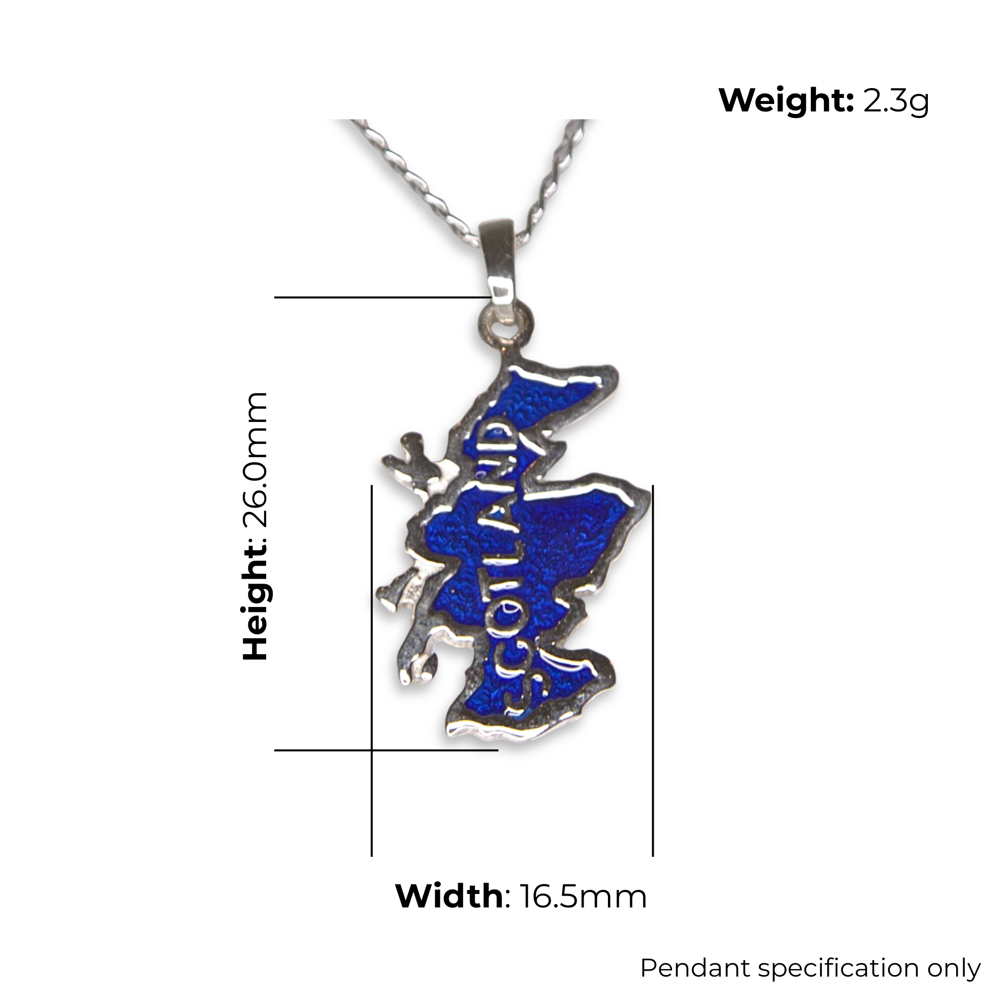 Sterling Silver Scotland Map Pendant, Blue Enamel, product dimensions shown, width 16.5mm, height 26.0mm, weight 2.3g, pendant specification only.